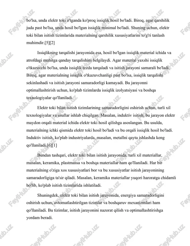 uchun, avtomatlashtirilgan tizimlar va boshqaruv mexanizmlari ham qo'llaniladi. bu tizimlar, isitish jarayonini nazorat qilish va optimallashtirishga yordam beradi. umuman olganda, elektr toki bilan isitish jarayoni, elektr energiyasini issiqlik energiyasiga aylantirishga asoslangan bo'lib, materialning qarshilik xususiyatlari, issiqlik o'tkazuvchanligi va boshqa omillar bilan bog'liqdir. ushbu jarayonning samaradorligini oshirish uchun, turli xil texnologiyalar va usullar qo'llaniladi. elektr toki bilan isitish, ko'plab industriyalarda va kundalik hayotda keng qo'llanilib, energiya samaradorligini oshirish uchun muhim vosita hisoblanadi.[1][7] elektr toki bilan isitish tizimlarining turlari va ularning afzalliklari. elektr toki bilan isitish tizimlari zamonaviy energiya ta'minoti va issiqlikni boshqarish sohasida muhim rol o'ynaydi. ushbu tizimlar elektr energiyasini issiqlik energiyasiga aylantirish orqali turli xil maqsadlarda foydalanish imkonini beradi. elektr toki bilan isitish tizimlari ko'plab turlarga ega bo'lib, ularning har biri o'ziga xos afzalliklari bilan ajralib turadi. ushbu bo'limda asosiy elektr toki bilan isitish tizimlari va ularning afzalliklari haqida batafsil ma'lumot beriladi. birlamchi va eng keng tarqalgan elektr toki bilan …