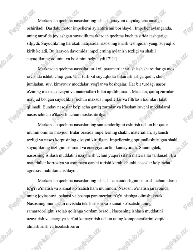 muntazam ravishda tekshirilishi va xizmat ko'rsatishi uning samaradorligini saqlab qolishga yordam beradi. nasosning ishlash muddatini uzaytirish va energiya sarfini kamaytirish uchun uning komponentlarini vaqtida almashtirish va tozalash zarur. markazdan qochma nasoslar, shuningdek, turli xil ishlash rejimlariga ega bo'lishi mumkin. ular doimiy yoki o'zgaruvchan tezlikda ishlashi mumkin. doimiy tezlikda ishlaydigan nasoslar ma'lum bir tezlikda ishlaydi, bu esa ularning samaradorligini oshiradi. o'zgaruvchan tezlikda ishlaydigan nasoslar esa suyuqlikning talablariga qarab tezligini o'zgartirishi mumkin. bu, o'z navbatida, energiya sarfini kamaytiradi va nasosning ishlash muddatini uzaytiradi.[1][2] markazdan qochma nasoslarning ishlashini baholash uchun bir qator ko'rsatkichlar mavjud. bular orasida nasosning samaradorligi, bosim, oqim tezligi va energiya sarfi kiritilgan. nasosning samaradorligi uning energiya sarfini va suyuqlikning oqim tezligini hisobga olgan holda aniqlanadi. yuqori samaradorlikka ega nasoslar energiya sarfini kamaytiradi va ishlash muddatini uzaytiradi. bosim esa nasosning suyuqlikni yuqoriga ko'tarish qobiliyatini belgilaydi. oqim tezligi esa suyuqlikning nasos orqali o'tish tezligini ko'rsatadi. markazdan qochma nasoslar ko'plab afzalliklarga ega. ular …