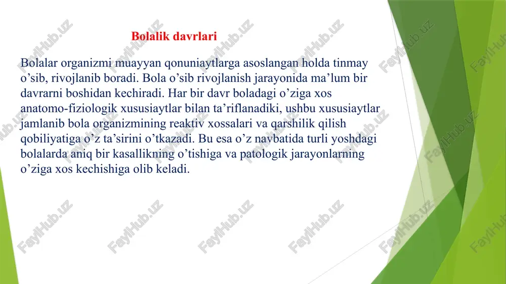 lozim, vrach tezda yordam choralarini ko’rish kerak bo’ladi. bolalar shifoxonasining ish faoliyati bolalar shifoxonasi bu davo profilaktik muassasa bo‘lib, u shifoxona tekshiruviga maxsus yordamga davolashishga intensiv davoga muxtoj bo‘lgan 14 yoshgacha bo‘lgan bolalar uchun mo‘ljallangan. bolalar shifoxonasida qabul bo‘limi, davolash bo‘limi, funksional diagnostik bo‘lim, unga mos xonalar, laboratoriya, yordamchi bo‘limlar (apteka ovqatlanish bloki, tibbiy statistika xonasi, tibbiy arxiv, adminstrativ xo‘jalik) qismidan iborat. bolalar shifoxonasining tuzilishi qabul bo‘limi. bu yerda bemorlarni qabul qilishadi, registratsiya, gigenik ishlov berish va transportirovka amalga oshiriladi. qabul bo‘limi vistibulyar kutish xonasidan, qabul ko‘rik bokslaridan , sanitar xonasi, shifokor xonasi, muolaja bog‘lam xonasi va ma'lumotlar xizmati bo‘limidan iborat. bolalar shifoxonaga tez yordam mashinalarida poliklinika yoki boshqa muosasalar yo‘lanmasi bilan ota-onalari yordami bilan yoki o‘zlari keladilar. bola shifoxonaga yotishi uchun yo‘llanma, bolani rivojlanishidan yozma xulosa, labarotor va instrumental tekshiruvlar xaqida malumotlar, yuqumli kasaliklar bilan kontaktda bo‘lgani xaqidagi ma'lumotlar kerak bo‘ladi. bu xujjatlarsiz faqatgina shoshilinch yordamga muxtoj bo‘lgan bolalar …