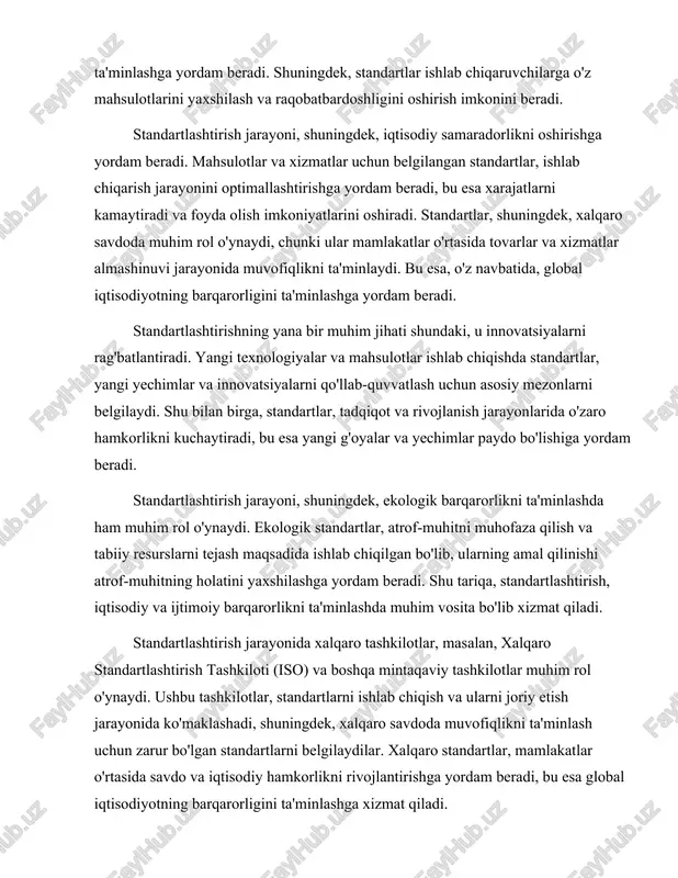 qa mintaqaviy tashkilotlar muhim rol o'ynaydi. ushbu tashkilotlar, standartlarni ishlab chiqish va ularni joriy etish jarayonida ko'maklashadi, shuningdek, xalqaro savdoda muvofiqlikni ta'minlash uchun zarur bo'lgan standartlarni belgilaydilar. xalqaro standartlar, mamlakatlar o'rtasida savdo va iqtisodiy hamkorlikni rivojlantirishga yordam beradi, bu esa global iqtisodiyotning barqarorligini ta'minlashga xizmat qiladi. standartlashtirishning ahamiyati shundaki, u nafaqat iqtisodiy, balki ijtimoiy va ekologik jihatdan ham muhimdir. standartlar, iste'molchilarni himoya qilish, raqobatni oshirish, innovatsiyalarni rag'batlantirish va atrof-muhitni muhofaza qilishga yordam beradi. shuningdek, standartlar, ishlab chiqaruvchilar uchun yangi imkoniyatlar yaratadi va ularning raqobatbardoshligini oshiradi. standartlashtirish jarayoni davomida ko'plab muammolar va qiyinchiliklar yuzaga kelishi mumkin. masalan, standartlarni ishlab chiqishda manfaatdor tomonlar o'rtasida kelishmovchiliklar yuzaga kelishi mumkin. bunday vaziyatlarda, muammolarni hal etish uchun ochiq va samarali muloqot zarur. shuningdek, standartlarni amalga oshirish jarayonida, ishlab chiqaruvchilar va iste'molchilar o'rtasida o'zaro ishonchni mustahkamlash muhimdir. standartlashtirish jarayoni, shuningdek, texnologik taraqqiyot va innovatsiyalarni qo'llab-quvvatlashda muhim ahamiyatga ega. innovatsion mahsulotlar va xizmatlar uchun standartlar, ularni bozorga …
