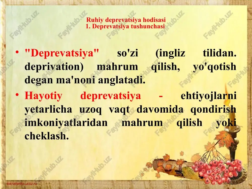 tartib va ma'noga ega emas, bu tashqi tomondan sodir bo'layotgan voqealarni tushunish, kutish va tartibga solish imkoniyatini bermaydi. 3. hissiy munosabatlarning mahrumligi (hissiy): har qanday shaxsga yaqin hissiy munosabatni o'rnatish uchun etarli imkoniyat yoki agar u allaqachon yaratilgan bo'lsa, bunday hissiy aloqani uzish. 4. shaxsni yo'qotish (ijtimoiy): avtonom ijtimoiy rolni o'zlashtirish uchun cheklangan imkoniyat. xarakatlanish deprevatsiya harakatdagi cheklovlar mavjud bo'lganda (shikastlanish, kasallik yoki boshqa holatlar natijasida) odam motor etishmovchiligiga duch keladi. bunday deprevatsiya, to'g'ridan-to'g'ri aqliy emas, shunga qaramay, insonning ruhiy holatiga kuchli ta'sir ko'rsatadi. dvigateldan mahrum bo'lish aqliy rivojlanishga ham ta'sir qiladi. xususan, rivojlanish psixologiyasida bolalik davrida harakatlarning rivojlanishi "men imidjini"shakllantirish omillaridan biri ekanligi to'g'risida ma'lumotlar olingan. 5. ipoxondriya – xarakat deprevatsiyasining namoyon bo'lishi ipoxondriya - bu odamning tana sezgilariga haddan tashqari fiksatsiyasi, bu qo'rquv, jiddiy jismoniy kasallik borligiga ishonish bilan birga keladi, bu ob'ektiv tibbiy ko'riklar bilan tasdiqlanmaydi. ipoxondriya, qoida tariqasida, inson uchun yangi g'ayrioddiy va o'ta og'riqli tana …