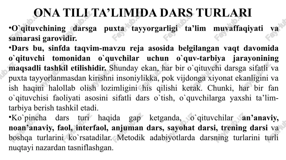 tish darsi. 2. o`zlashtirilgan bilim va ko`nikmalarni rivojlantirish hamda mustahkamlash darsi. 3. bilim va ko`nikmalarni shakllantirish darslari. 4. takrorlash darsi. takrorlash darsi o`quvchilarning oldingi dars mashg`ulotlarida o`zlashtirgan bilim va ko`nikmalarni mustahkamlash, ularning xotirasida uzoq vaqt saqlanishiga erishish darsi. 5. nazorat ishi darslari. 6. o`zlashtirilgan bilim, ko`nikma va malakalarni amalda qo`llash darsi. 7. takrorlash va umumlashtirish darsi. takrorlash va umumlashtirish darslarida esa o`quv dasturida ko`rsatilgan bir bob yoki bo`lim bo`yicha takrorlash amalga oshiriladi. 8. aralash maqsadli (ikkitadan ko`p didaktik maqsadga ega) dars. 1. yangi mavzuni bayon etish darsi. darsning maqsadini e’lon qilish; bunda o`qituvchi o`tiladigan maqsadini belgilaydi va darsni boshlanishida e’lon qiladi. o`quvchilarning yangi mavzuni o`rganishlarini rag`batlantirish (motivasiya); o`qituvchi qo`yilgan maqsadga o`quvchilarning qay biri tezroq va samaraliroq erishgan bo`lsa, ularni rag`batlantirish usullarini bildirishi zarur. mavzuga oid yangi tushuncha yoki axborotlarni ma’lum bir izchillikda, mayda tugal bo`laklarga bo`lgan holda, bosqichma-bosqich bayon etish; mavzuga oid eng asosiy tushuncha va tayanch ma’lumotlarga urg`u berish, …