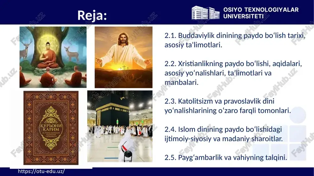 angan. 2.1. buddaviylik dinining paydo bo‘lish tarixi, asosiy ta'limotlari. 4.5. o‘zbekistonda buddaviylik dinining tarixiy ildizlari (qaratepa, fayoztepa, dalvarzintepa) va hozirgi zamon. miloddan avvalgi 1–asrda termizda buddaviylik ustuvor mavqega ega bo‘ldi. bunda shahar zadagonlarining buddaviylikni qabul qilishi va ibodatxonalar qurilishiga homiylik qilishlari muhim ahamiyat kasb etgan. qoratepa va fayoztepa ibodatxonalari eng katta sajdagohlardan hisoblangan. 2.1. buddaviylik dinining paydo bo‘lish tarixi, asosiy ta'limotlari. fayoztepa “vixara” (sanskritcha – kulba, boshpana, buddaviy rohiblarning yomg‘ir mavsumi vaqtida yashaydigan kulba, hovli va bog‘dan iborat bo‘lgan joyi)uslubidagi ibodatxona bo‘lib, uning markazida diniy marosimlar o‘tkazilgan. ibodatxona bilan yonma–yon joylashgan stupadan oltin suvi yurgizilgan, sopol va marmardan yasalgan haykallar topilgan. bu erdan marmartoshdan nafis ishlov berib yasalgan muqaddas “boddxa” daraxti ostida o‘tirgan budda va uning ikki tomonida turgan ikki rohib haykali ham topilgan. qoratepa xarobasidan shimoliy baqtriyadagi eng katta va mahobatli stupa topilganini alohida qayd etish lozim. bizgacha stupaning asosi hamda zinapoyaning ikki tomonida joylashgan kichik stupalar, o‘sha davrga …