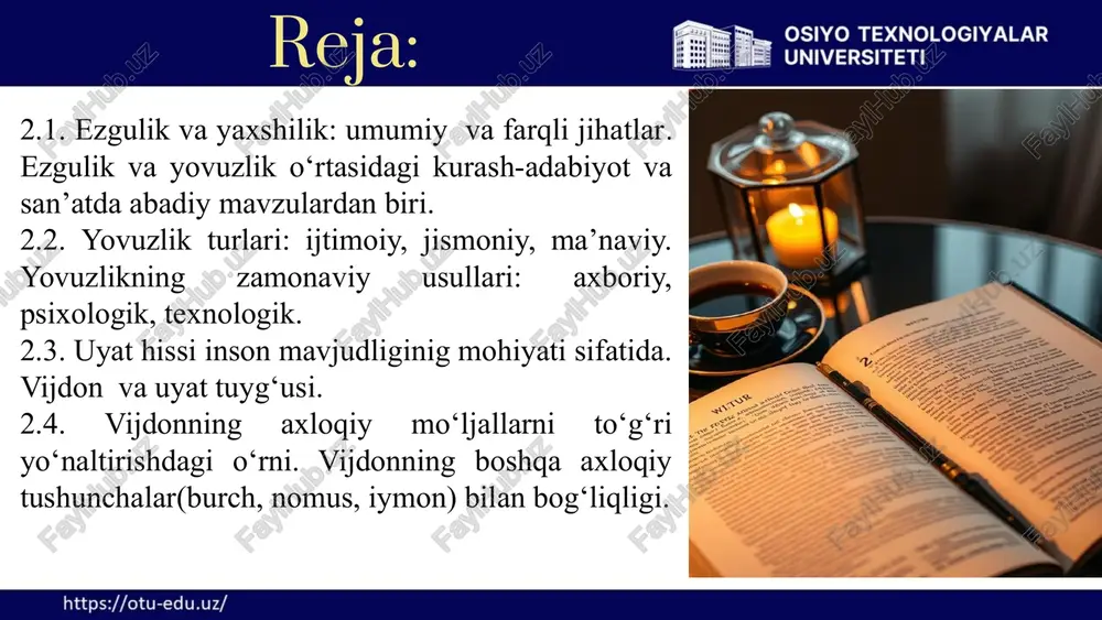 sh va bir-birlariga yordam berishga moyil bo'lib, bu ularning omon qolishi va rivojlanishiga yordam bergan. 2 ijtimoiy rivojlanish ijtimoiy rivojlanish jarayonida odamlar o'zaro munosabatlarini tartibga soluvchi qoidalar va me'yorlarni ishlab chiqishgan. bu qoidalar va me'yorlar axloqning shakllanishiga asos bo'lgan. 3 madaniy ta'sir madaniyatning ta'siri insonlarning xatti-harakatlariga, qadriyatlariga va maqsadlariga ta'sir qiladi. madaniy qadriyatlar va me'yorlar axloqiy me'yorlarning shakllanishiga ta'sir qiladi. 8 ko'pgina dinlarda axloqning kelib chiqishi ilohiy marhamatga bog'liq deb hisoblanadi. dinlarning ta'limoti insonlarga axloqiy xulq-atvor qoidalarini va me'yorlarini belgilaydi. bu qoidalar dinning muqaddas kitoblarida, yoki pambirnomaning so'zlarida ifodalanadi. islom islomda axloqning manbai qur'on va sunna hisoblanadi. qur'on va sunna insonlarga axloqiy xulq-atvor qoidalarini, masalan, rostgo'ylik, halollik, mehribonlik, rahm-shafqat kabi fazilatlarni o'rgatishni belgilaydi. nasroniylik nasroniylikda axloqning manbai injil hisoblanadi. injil insonlarga axloqiy xulq-atvor qoidalarini, masalan, sevgi, kechirimlilik, kamtarlik va xizmat qilish kabi fazilatlarni o'rgatishni belgilaydi. buddizm buddizmda axloqning manbai budda ta'limoti hisoblanadi. budda ta'limoti insonlarga axloqiy xulq-atvor qoidalarini, masalan, zo'ravonlikdan, …