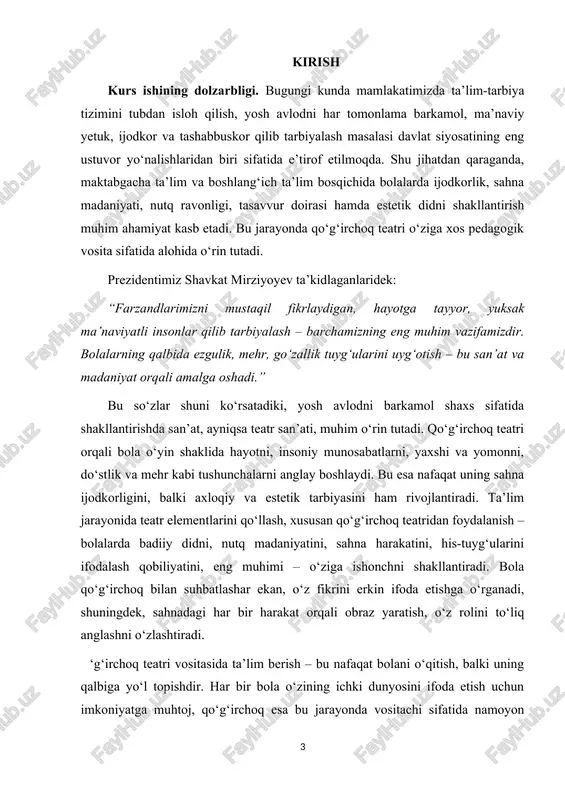 l.s. vygotskiy, k.d. ushinskiy, p.ya. galperin kabi pedagoglar bolalarda o‘yin faoliyati orqali ijodiy fikrlashni rivojlantirish masalalariga katta e’tibor berganlar. o‘zbekistonlik tadqiqotchilar — m. abdullayeva, g. qodirova, z. mo‘minova, sh. xo‘jayeva va boshqalar esa qo‘g‘irchoq teatrining ta’lim-tarbiyadagi o‘rni, sahna madaniyati va bolalarning estetik tarbiyasi bilan bog‘liq masalalarni o‘rganishgan. biroq, qo‘g‘irchoq teatri orqali sahna ijodkorligini rivojlantirishning metodik asoslari hali to‘liq tizimlashtirilmagan bo‘lib, bu yo‘nalishda yangi ilmiy izlanishlar olib borish zarurati mavjud. shu sababli, mazkur kurs ishi aynan shu yo‘nalishni yanada chuqurroq o‘rganishga qaratilgan. kurs ishining maqsadi. qo‘g‘irchoq teatri vositasida bolalarda sahna ijodkorligini rivojlantirishning nazariy va amaliy asoslarini o‘rganish hamda ularni rivojlantirish bo‘yicha samarali metodik tavsiyalar ishlab chiqish. kurs ishining vazifalari: · qo‘g‘irchoq teatrining tarixiy shakllanishi va pedagogik ahamiyatini tahlil qilish; · sahna ijodkorligi tushunchasining mohiyatini ochib berish; · qo‘g‘irchoq teatri orqali bolalarda ijodiy faoliyatni rivojlantirish omillarini aniqlash; · qo‘g‘irchoq teatrida sahna nutqi, obraz yaratish va his-tuyg‘ularni ifodalash ko‘nikmalarini shakllantirish usullarini o‘rganish; · …