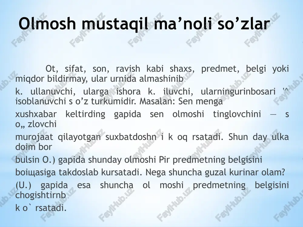 sini ham bildiradi. shunga k o` ra kishilik o lmoshlarini ikki gruppaga b o` lish mumkin: 1) sof kishilik o l m o sh l a r (men, sen, biz, siz); 2) k i sh i l i k ko`r s a t i sh olmoshlari (u, ular). kishilik olmoshlari - lar ko`plik affiksi larni olish bilan ko`plik ni kursatmaydi. (men olmoshi - lar affiksini kabul kilmaydi.) sen olmoshi - lar affiksi bilan birga ku ll angan - da, tinglovchi va besh sh a shaxslarga familyar munosabatni yoki tinglovchini bi r oz ham sitish ma'nosini bildiradi: senlar - ga aytyapman (sen va boshqa larga aytyapman)! - lar affiksi iii shaxs birlikdagi u olmoshiga kushilib, zgurmat ma'nosini bildnrpb keladi: u keldi — ular keldilar. biz va siz ol moshlariga kushilganda esa ma'noni bir oz kuchaytirish otten - kaeipp, shuiipgdek, so„zlovchi va boshqa tuda ma'nosini — ko`plik ni bildiradi. ko` rsatish olmoshlari …