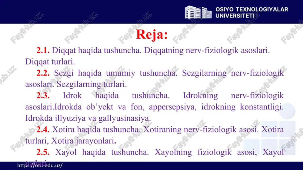 ning ta'rifi va ahamiyatini ko'rib chiqamiz. shuningdek, sezgi va idrok o'rtasidagi farqni aniqlaymiz. idrok jarayonining bosqichlarini tahlil qilamiz. bu bizga idrokning murakkabligini tushunishga yordam beradi. 19 ko'rish tuyish eshitish kinestezik hid bilish ta'm bilish aralash materiyaning yashash shakliga qarab idrokning tasnifi analizatorga qarab fazoni idrok qilish vaqtni idrok qilish harakatni idrok qilish aktivligiga ko'ra ixtiyoriy ixtiyorsiz 20 idrokning nerv-fiziologik asoslari nerv tuzilmalari miya po'stlog'i, talamus va hipokampus idrokda muhim rol o'ynaydi. neyronlararo aloqalar idrokning shakllanishida neyronlararo aloqalar asosiy ahamiyatga ega. sensor signallarning miyada qayta ishlanishi idrokning asosi hisoblanadi. bu jarayon bizga tashqi dunyoni anglash imkonini beradi. 21 ob'yekt va fonning ajratilishi gestalt prinsiplari butunlik, shakl, yaqinlik va o'xshashlik gestalt psixologiyasining asosiy tushunchalaridir. ob'yekt-fon munosabati ob'yekt va fon o'rtasidagi munosabat idrokni shakllantiradi. dioramalar va illyuziyalar ob'yekt va fonni ajratishning vizual namunasidir. ular bizning idrokimiz qanday ishlashini ko'rsatadi. 22 appersepsiya appersepsiya ta'rifi appersepsiya - bu o'tmish tajribasining idrokka ta'siridir. ta'sir etuvchi omillar …