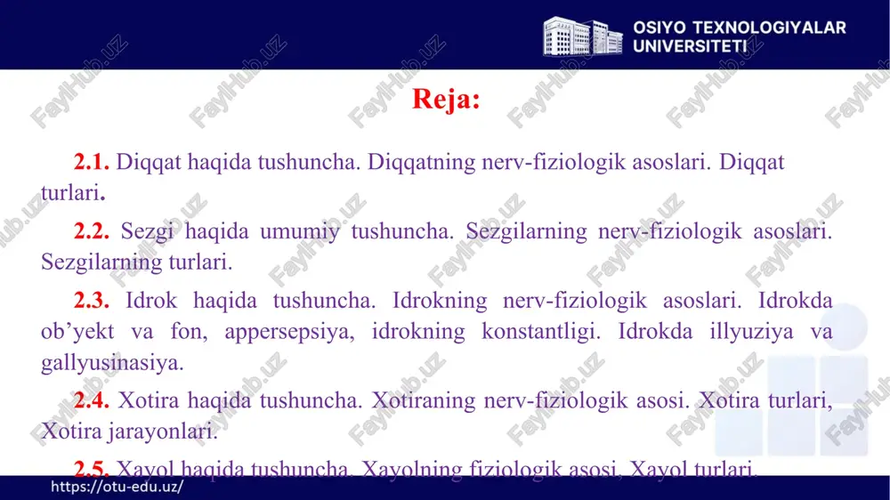 mizning obyektiv voqelikdagi narsa va hodisalarga, ularning ayrim belgi va xususiyatlariga yo‘naltirilishi, ularda faol to‘planishiga aytiladi. tashqi diqqat faqat idrok qilish jarayonidagina namoyon bo‘lmasdan, balki fikr yuritilayotgan narsalarga ham qaratiladi. jumladan, ixtirochining o‘zi yaratgan narsasini tasavvur qilishi, rassomning obrazlarni kashf qilish jarayoni, muhandisning to‘g‘on qurilishini ko‘z o‘ngiga keltirish bilan bog‘liq holatlar bunga misol bo‘la oladi. 11 ichki diqqat ichki diqqat esa ongimizning o‘z subyektiv taassurotlarimiz, his-tuyg‘ularimiz va intilishlarimizga qaratilishidan iboratdir. inson ongining o‘zida sodir bo‘layotgan o‘z hissiyotlarini, fikrlarini, orzu istaklarini va shu kabilarni kuzatishda tashqi diqqatdan farqli o‘laroq ichki diqqat yuzaga kelar ekan, bunda diqqatning har ikkala ko‘rinishi ham faoliyatning muvaffaqiyatli yakunlanishiga munosib hissa qo‘shish imkoniyatiga egadir. 12 guruh yoki jamoa diqqati bir kishi ongining muayyan obyektga qarata yo‘naltirilishi va unga to‘planishiga individual; bir guruh yoki ko‘pchilikdan iborat kishilar jamoasining ongi psixik faoliyatning biror obyektga qarata yo‘naltirilishi va shu obyekt ustida to‘planishiga guruh yoki jamoa diqqati deb yuritiladi. 13 14 …