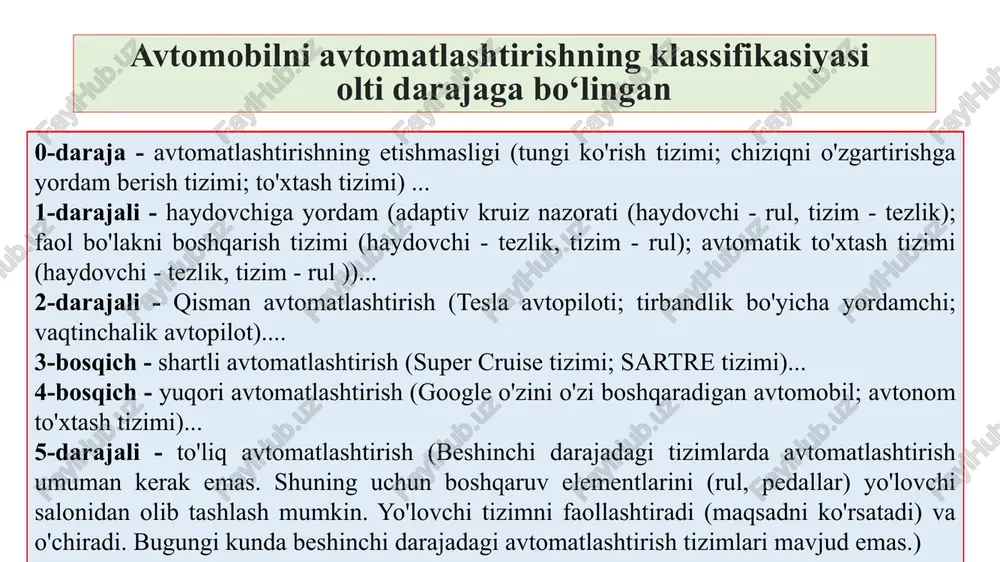 idan nazoratni saqlashga imkon beradi. avtomobil passiv xavfsizlik tizimi yo‘l transporti hodisasi oqibatida inson zararlanishi darajasini kamaytirishga xizmat qiladi. avtomobilni boshqarishdagi avtomat bort tizimlarini shartli uch tashkil etuvchiga tavsiflasa bo‘ladi: avtomobillarni boshqarish tizimlari, haydovchilar uchun axborot bort tizimlari, axborot yig‘ish va uzatish tizimlari. keng tarqalgan avtomobil aktiv xavfsizlik tizimiga quyidagilarni kiritsa bo‘ladi: gʻildiraklarni blokirovkalanishiga qarshi tormoz tizimi; yetakchi g‘ildiraklarning shataksirashiga qarshi tizim; harakatni barqarorlashtirish tizimi (yo‘nalish turg‘unligini ushlash tizimi) stabilizasiya tizimi; tormoz kuchlarini taqsimlash timi; keskin tormozlanishda yordamchi tizim; yo‘lovchi aniqlash tizimi; differensialni elektron blokirovkalash tizimi. shular bilan birga, avtomobilni boshqarish qiyin sharoitlarda haydovchi uchun yordamchi aktiv xavfsizlik tizimi mavjud: parkovka qilish tizimi; aylanasiga ko‘rsatish tizimi; adaptiv kruiz-nazorat; rul boshqarmasini avariya tizimi; yo‘l polosasida harakatlanishga yordam tizimi; xarakatlanish yo‘alagini o‘zgartirishga yordamlashish tizimi; tungi ko‘rish tizimi; yo‘l belgilarini ko‘rish, aniqlash tizimi; haydovchi toliqqanligini nazorat tizimi; qiyalikdan tushishda yordamchi tizim; qiyalikka ko‘tarilishda yordamchi tizim, va boshqalar. avtomobilning bort tizimlari tavsifi avtomobillarni boshqarish …