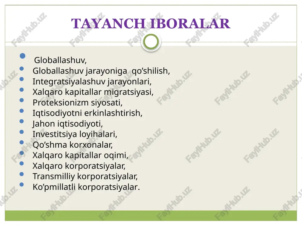 lashuv milliy tuzilmalardan yuqori turuvchi organlarni tarkib toptirishi mumkin. bu organlar evropa ittifoqiga a’zo davlatlarning mulkchilik munosabatlarini ham ma’lum darajada tartibga soladi. ikkinchi yo’nalish – kooperatsiya va mehnat taqsimotining nisbatan yuqori darajasiga o’tish. yuqori darajada rivojlangan mamlakatlar hozirgi zamon murakkab mehnat kooperatsiyasiga xos bo’lgan xo’jalik o’zaro aloqalarining juda katta tarmog’iga kirishib ketganlar. eng mukammal texnika vositalarini yaratishda turli mamlakatlardan yetkazib beriluvchi ko’plab butlovchi qismlardan foydalaniladi. masalan, aqsh «boing» samolyotini ishlab chiqarishda butlovchi qism va detallarni mingga yaqin xorijiy firmalardan oladi. uchinchi yo’nalish – xo’jalikni tashkil etishning butunlay yangi shakllarining paydo bo’lishi va rivojlanishi. a) butun jahonni to’liq kompyuterlashtirishni taqozo etuvchi global axborot tizimlari (internet singari) yanada rivojlanadi; b) sun’iy yo’ldoshlar imkoniyatlaridan foydalanishning yangi tizimi uyali telefon aloqasidan yo’ldoshlar orqali ta’minlanuvchi global aloqaga o’tish imkonini beradi; v) insoniyat ochiq axborotlashgan jamiyat tomon intiladi; g) internet orqali savdo tizimi keng rivojlanadi. jahonda xo’jalik aloqalarini tashkil etish shakllarining tubdan o’zgarishi ko’p jihatdan axborot …
