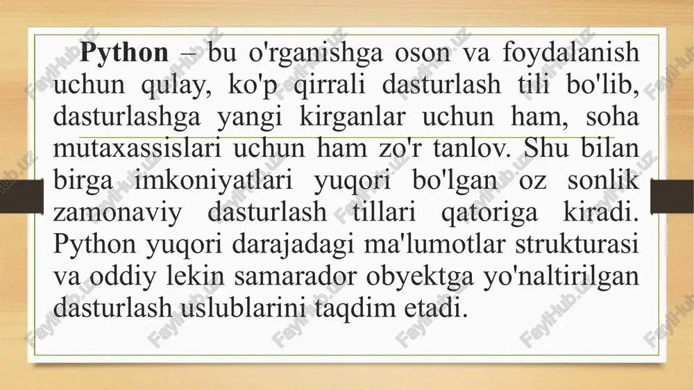 ’lon qilinishi mumkin. x = "dastur" # ikkala o'zgaruvchi ham bir xil y = 'dastur‘ pythonda bir nechta o’zgaruvchiga qiymatlarni bir qatorning o’zida o’zlashtirish mumkin x, y, z = "olma", "banan", "nok" print(x) print(y) print(z) web dasturlash brauzeringiz orqali ko’rishingiz va foydalanishingiz mumkin bo’lgan barcha web dasturlarni tayyorlash jarayonini o’z ichiga oladi. web dasturlash ham juda qiziqarli va katta daromad keltiradigan soha hisoblanadi. script tillar dasturlash tillari yuqori darajali dasturlash va dasturlash tillari orasidagi asosiy farqlardan biri kodlarni ijro etishida. ya'ni (odam tushunadigan kod) tilidan mashina kodiga (komputer tushunadigan kod) compiler yordamida o'giradi, script tillar esa bu ishda interpereter ishlatadi. kutubxona bu boshqalar tarafidan yozilgan tayyor funksiyalar va obyektlar to'plami. hypertext transfer protocol django- web dasturlar yaratish uchun python tilidagi web framework malumotlar bilan ishlash web dasturning orqa fonlari yoki foydalanuvchilar uchun chiroyli korinishlarni chiqarib beradi bundan tashqari bunda faqat djangoning ozining qobigidan tashqariga chiqa olmaysiz faqat shu uchun moljallangan …