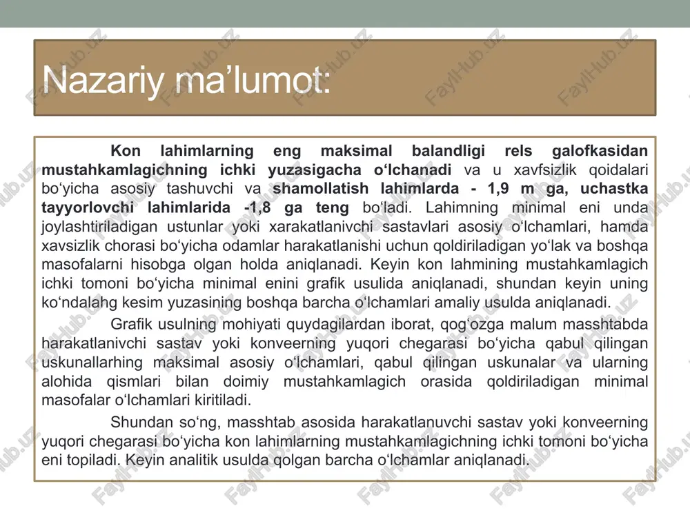 lan) mustahkamlagichlar bilan mustahkamlanganda, shunigdek mustahkamlagichsiz o'tilgan to'g'ri burchakli svod shaklidagi kon lahimlarining kesim yuzasi o'lchamlari aniqlanayotganda h; ha; hb; a; hkp; m; n; p lar trapetsiya shaklidagi lahim yuzasi o'lchamlarini aniqlashdagi kabi vazifalar va o'lchamlar bilan bir xil bo'ladi. arkasimon shaklli kon lahimining ko’ndalang kesim yuzasini aniqlash. nazariy ma’lumot: arkasimon mustahkamlagich bilan mustahkamlangan bir yo’lli lahimning harakatlanuvchi sastav balandligi bo’yicha eni b = m + a + n b = m + 2a + p + n shu kenglik, ikki yo'lli lahimda, bu yerda: m - harakatlanuvchi sastav bilan mustahkamlagich orasidagi masofa, u alohida ramalar bilan mustahkamlanganda 250 mm dan, sidirg’asiga beton va temir beton bilan mustahkamlanganda 200 mm dan kam kam bo’lmasligi kerak; a-harakatlanuvchi sastavning nisbatan katta eni (asosan elektrovozning eni qabul qilinadi chunki uning o'lchamlari vaganetkanikidan kattaroq bo’ladi); p- harakatlanuvchi sastavlar orasidagi masofa (u 200 mm dan kam bo'lmasligi kerak); n-harakatlanuvchi sastav yuqori chegarasi bo'yicha odamlar harakatlanishi …