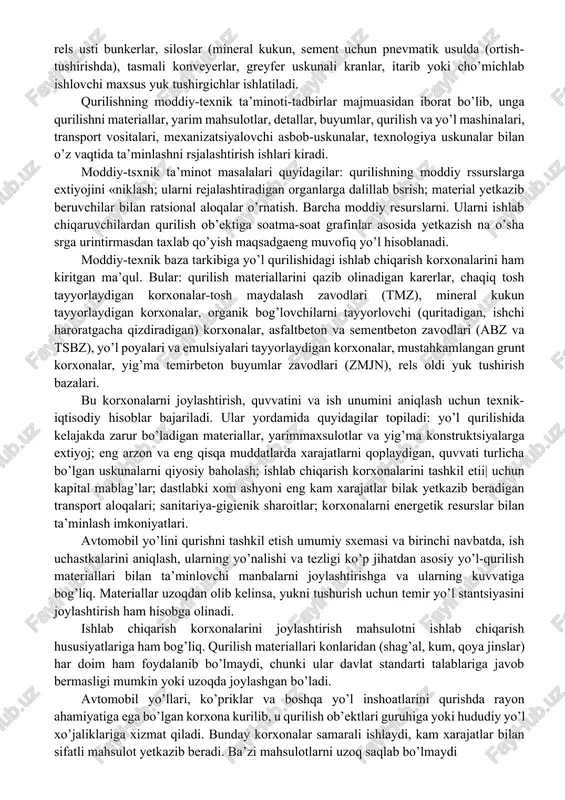 ahsulot va tayyor mahsulot (temirbeton va boshqa buyumlar) omborlari tushuniladi. ixtisoslashgan omborlarga karbid kaltsiy, ammina portlaydigan materiallar omborlari kiradi. bularni saqlash sharoitlari alohida, o’ziga xos. ishlab chiqarish korxonalari qurilishiga xizmat ko’rsatishning optimal sharoitlarini hosil qilish va ekspluatatsiya xarajatlarini kamaytirish uchun, hududda ish olib borayotgan hamma qurilish tashkilotlarining omborlarini birlashtirish, omborni ko’p material talab qiluvchi abz, tsbz lar yaqinida joylashtirish imkoniyatini ko’rib chiqish kerak: materiallarni ortish-tushirish uchun qulay maydonchalar tanlanadi; ba’zan temir yo’l yoqasida yuk tushirish ombori tashkil qilinadi. korxonalarning alohida toifalari (yong’in va portlash xatarliligi) bo’yicha omborlar eksplatatsiyaviy va zaxirali deb tasdiqlanadi. ekspluatatsiyaviy omborlar qurilish va korxonaning joriy extiyojini ta’minlaydi. zaxira omborlar maxsus instruktsiyalar va qoidalarga ko’f uzoq moddiy saqpash uchun mo’ljallanadi. omborlar tashqi belgilariga ko’ra, ochiq (ximoyalanmagan), yopiq va silosli bo’ladi. ochiq omborlar atmosfera yog’in-sochinlari, havo kamligi va quruqligi, quyosh radiatsiyasi ta’sir etmaydigan materiallarni saqlash uchun mo’ljallanadi. yopiq va silosli omborlarda yonilg’i, mashina va uskunalar, sement, mineral kukun kabi …