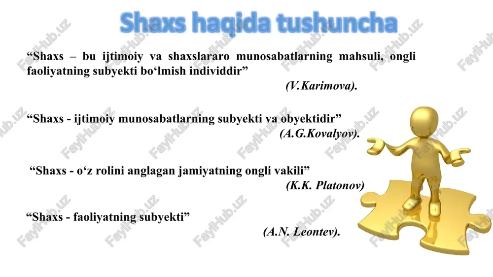 bo`lishidan iboratdir. shaxsning ehtiyojlari motivlar bilan bog`liqdir. shuning uchun motivlar bir - biridan ehtiyoj turiga qarab farqlanadi. masalan, moddiy ehtiyojning qondirilishi bilan bog`liq bo`lgan motivlar yoki ma`naviy ehtiyojlarning qondirilishi bilan bog`liq bo`lgan motivlar bo`lishi mumkin. motivlar anglanilgan va anglanilmagan bo`lishi mumkin. anglanilmagan motivda odam nimanidir istaydi, ammo o`sha narsa nimaligini tasavvur qila olmaydi. demak, motivlar inson shaxsi xulq - atvorini va turli faoliyatlarini harakatga keltiruvchi sabablardir faoliyat deb, shaxsning o`z ehtiyojlarini qondirish uchun ko`rsatadigan jismoniy va psixik (ruxiy) faolligiga aytiladi. inson faolligining o`ziga xos xususiyati shundan iboratki, faoliyatni mazmuni, ana shu faoliyatni yuzaga keltirgan ehtiyojning bir o`zi bilangina belgilanmaydi. agar ehtiyoj faoliyatga motiv sifatida madad berib, uni rag`batlantirib tursa, faoliyatning shakli va mazmuni ijtimoiy sharoitlar, ijtimoiy talablar hamda tajribalar bilan belgilanadi. f a o l i ya t n i ng m u h i m x u s u s i ya t l a r i hayvonlar faolligi …