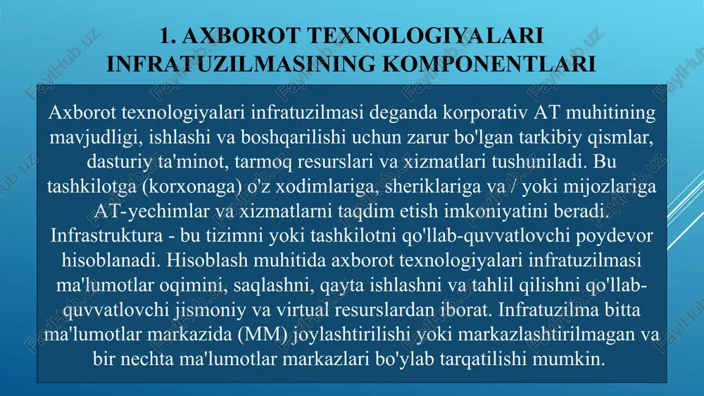 lumot almashish chastotasi (1000 mgs gacha) kesh-xotira xajmi 1 yadroga 2 mb gacha * kompyuterning xotira turlari xotira birlamchi ichki xotira ikkilamchi tashqi xotira flesh xotira cd/dvd blu-ray qattiq disk magnit lenta kesh ram rom xotira xususiyatlari hajmi ramning hajmi: 4 gbaytgacha (nazariy jihatdan - ko'proq) qattiq disklar: 1 tbgacha ishlash (kirish vaqti) ma'lumotlarning minimal qismini o'qish va yozish uchun vaqt (ram: <10 ns, qattiq disklar: taxminan 4 ms) razryadliligi 1 ta operatsiyada o'qiladigan yoki yozilgan bitlar soni (8, 16, 32, 64, ...) kirish istalgan vaqtda - istalgan vaqtda istalgan ma'lumotlar uzatilishi mumkin (ram, qattiq disk, flesh-xotira) ketma-ketlikda - ma'lumotlar faqat ma'lum bir ketma-ketlikda (magnit lenta) uzatilishi mumkin * axborot birliklari birlik o`qilishi qiymati 1 bayt bayt 8 bit 1 kbayt kilobayt 1024 bayt (210) 1mbayt megabayt 1024 kbayt =1 048 576 bayt (220) 1gbayt gigabayt 1024 mbayt = 1 073 741 824 bayt (230) 1tbayt terabayt 1024 gbayt =1 …