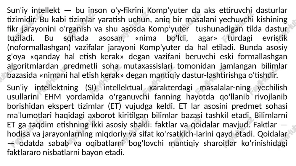 lib chiqadi. shuningdek psixologik tartibda, ya'ni bilimlar bazasini yaratishda ekspert «mashina mening o'rnimni egallashi mumkin» degan asnoda ish tutib, bilimlar bazasini keng bo'lishiga intilmasdan, balki bunga qarshilik qilishi mumkin. lekin, bu qo'rqishlar asossizdir, chunki et fikr yuritish qobiliyatiga ega emasdir. bu esa ular bilimlarini oshirish mumkin emasligini ko'rsatadi. keyingi vaqtlarda mustaqil o'qib, bilim olish imkoniyatiga ega bo'lgan tizimlar ishlab chiqish ustida ishlar olib borilmoqda. 1-rasm. esning umumiy strukturasi bu tizimda maqsadga erishish uchun qoidalar, faktlar, chiqarish mexanizmi va ixchamlashlardan foydalaniladi. umuman, masalalarni yechish uchun, cheksiz fakt va qoidalar kerak bo'ladi. agar, shunday tizim yaratilgan taqdirda ham uni bilimlar bilan to'ldirishga uzoq vaqt talab etilgan bo'lar edi. lekin, shu paytgacha mana shunday informatsiyalarni o'zaro saqlovchi ehmlar mavjud emas, shuning uchun, vaqtincha masalani muhim muammoli qismini ko'rish bilan chegaralanamiz. sun'iy intellektning dasturlashtirishga ta'siri biror bir masalani yechishda inson miyasi o'zida bor bilim-ning barchasini ishga solmasdan, shu masalaga taalluqli bilimlar-nigina ishga soladi. ma'lum …