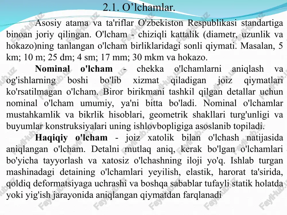 lib, joizlik-larni va o'tqizmalarni grafik usulida tasvirlashda o'lchamning og'ishi shu chiziqdan boshlab belgilanadi. agar nol chiziq gorizontal joylashgan bo'lsa, u holda musbat og'ishlar bu chiziqdan yuqorida, manfiy og'ishlar esa pastida yozib belgilanadi. nazorat savollari: o'lcham deb nimaga aytiladi? nominal, haqiqiy va chekka o'lchamlar qanday belgilanadi? og'ish deb nimaga aytiladi? yuqori, quyi, haqiqiy og'ish nima? joizlik nima? u qanday belgilanadi? joizlik maydoni nima?