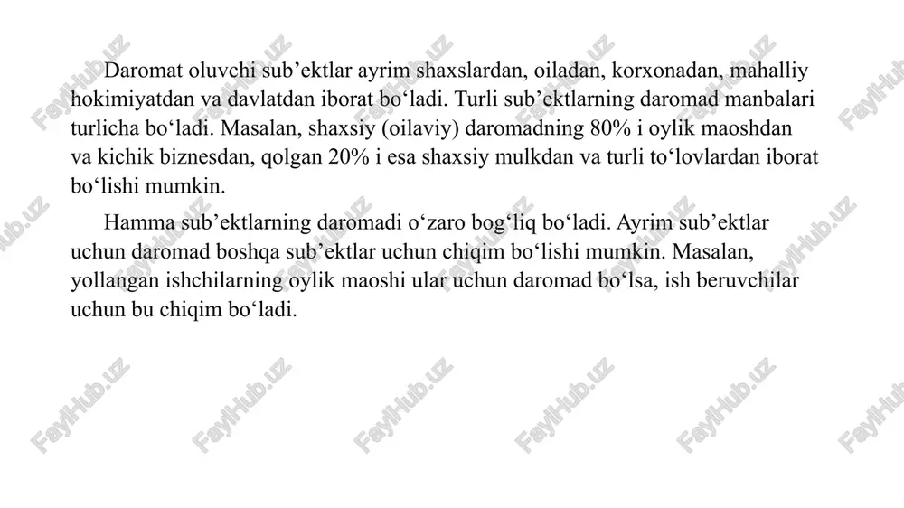 ktlarining foydaolib ishlashi samaradorlik deyiladi. samaradorlik foyda olish darajasini ko‘rsatadi va foiz hisobida ifodalanadi. samaradorlik tayin bir vaqtda qo‘lga kiritilgan foyda miqdorining mahsulot tannarxiga foiz nisbati sifatida hisoblanadi, ya’ni bu erda – samaradorlik belgisi, bosqichda qo‘lga kiritilgan foyda, bosqichdagi mahsulot tannarxi. 3-misol. firma bolalar etikchalarini ishlab chiqarish bilan shug‘ullanadi. oldingi yil natijasiga ko‘ra, firmada ishlab chiqarilgan mahsulotlar tannarxi 4 mln. so‘mni, korxonaning daromadi esa 5 mln. so‘mni tashkil qilgan. firmaning ishlab chiqarish samaradorligini hisoblang. yechish. o‘tgan yil hisobotiga ko‘ra, firma 5 000 000 – 4 000 000 = 1 000 000 so‘m foyda ko‘rgan. uning rentabelligi (samaradorligi) bo’ladi. 4-misol. jamol yoz kunlarining birida o‘zida mavjud bo‘lgan 120 dollar pulini xarajat qilib limonad tayyorladi va uni sotib, 250 dollar pulga ega bo‘ldi. jamolning ish haqi va foydasi nimaga teng bo‘ladi? yechish. jamolning kichik biznesidan tushgan pul (daromad) 250 dollarni tashkil qiladi. daromaddan sarf qilingan xarajatlarni ayirsak, jamolning ish haqi va foydasini …