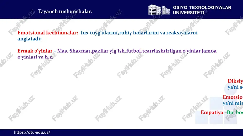 ivojlanish bolaga kattalar va tengdoshlarining turli emotsional holatdagi hissiyotlari va kechinmalari olamini ochib berish ishonchli muloqot bolaning boshqa bolalar bilan ishongan holatda muloqot qilishi uchun sharoit yaratish emotsional holatlarni tushunish quvonchli, qayg'uli, xotirjam, emotsional holatini ko'rish va tushunishga bo'lgan intilishni rivojlantirish o'zini tutib turish o'zini tutib turish va g'azab, qo'rquv, jahl hislarini ijtimoiy jihatdan maqbul shaklda namoyon qilishni rivojlantirish 6 ijtimoiy rivojlanish ko'rsatkichlari insoniy munosabatlarni tushunish atrofdagilarning unga nisbatan yaxshi va yomon munosabatlarini his qiladi va anglaydi; ota-onasining, tengdoshining emotsional ahvolidagi o'zgarishlarni payqaydi; diqqat-e'tibor, hamdardlik izhor qiladi. o'z istagini boshqarish "men xohlayman!" vaziyatga oid bevosita istagini to'xtatib turishga qodir. empatiya va emotsional ekspressiya xususiyatidagi kechinmalar bola xulq-atvori va muloqotining tartibga soluvchisiga aylanadi. ijtimoiy muloqot bolalar barqaror o'yin birlashmalariga kirishi mumkin, muloqotda va birgalikdagi faoliyatda quvonch, zavqlanish, qayg'u va boshqa holatlarni ifodalash uchun emotsional ekspressiv nutqiy va nonutqiy vositalardan foydalanadi. 7 nutqni rivojlantirish vositalari badiiy adabiyot bolalar nutqini boyitish va ifodali …