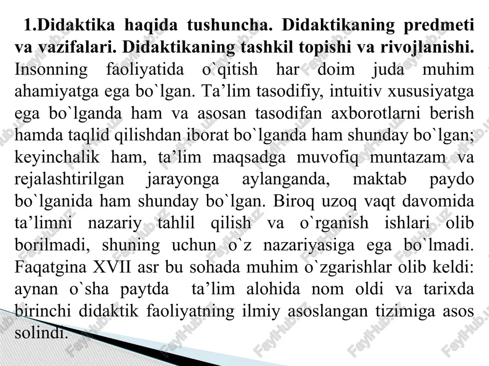 uruhi bilan olib boriladigan ta’lim jarayonining asosiy shakli; bilim olish – idrok etish, o`rganish, mashq qilish va muayyan tajriba asosida xulq-atvor hamda faoliyat ko`nikma, malakalarining mustahkamlanib, mavjud bilimlarning takomillashib, boyib borish jarayoni; ta’lim jarayoni – o`qituvchi va o`quvchilar o`rtasida tashkil etiluvchi hamda ilmiy bilimlarni o`zlashtirishga yo`naltirilgan pedagogik jarayon. o`quv fani – ta’lim muassasalarida o`qitilishi yo`lga qo`yilgan hamda o`zida muayyan fan sohasi bo`ycha umumiy yoki mutaxassislik bilim asoslarini jamlagan manba. ta’lim mazmuni – davlat ta’lim standartlari asosida belgilab berilgan hamda ma’lum sharoitda muayyan fanlar bo`ycha o`zlashtirilishi nazarda tutilgan ilmiy bilimlar mohiyati. 5.zamonaviy pedagogikada ta’lim paradigma (modeli)lari. pedagogik paradigma (yunoncha «paradeigma» - misol, namuna) – pedagogika fani rivojining ma’lum bosqchida ta’limiy va tarbiyaviy muammolarni hal etish namunasi (modeli, standarti) sifatida ilmiy pedagogik hamjamiyat tomonidan e’tirof etilgan nazariy hamda metodologik ko`rsatmalar to`plami bo`lib, u ta’limning konseptual modeli sifatida qo`llaniladi. bugungi kunda ta’limning quyidagi paradigmalari keng tarqalgan: an’anaviy – konservativ paradigma (bilim paradigmasi). rasionalistik …