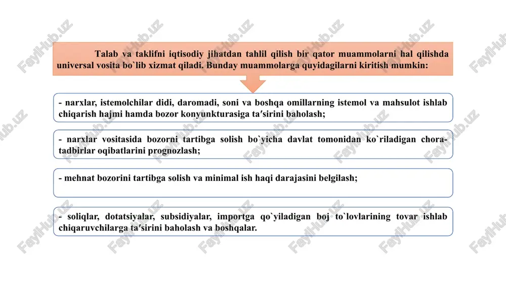 4 talab orqali bozor mexanizmini o'rganishda uning grafigini tahlil qilish muhimdir. ordinata o'qi bo'yicha bir birlik mahsulotning narxini va abtsissa o'qi bo'yicha berilgan vaqt oralig'ida talab qilingan mahsulot miqdorini belgilaymiz. p d 5000 4600 4200 q 6 4 8 talabga ta'sir ko'rsatuvchi omillar : iste'molchilarning daromadlari o'rinbosar va to'ldiruvchi tovarlar narxlari iste'molchilarning didi bozordagi iste'molchilar soni kelgusidagi o'zgarishlarga bo'lgan munosabat talabga faqat tovarning o'z narxi ta'sir ko'rsatganda talab egri chizig'i bo'ylab bir nuqtadan ikkinchi nuqtaga siljish yuz beradi. bunday o'zgarishni talab miqdorining o'zgarishi deb ataymiz. r d p2 p1 q mahsulot miqdori q2 q1 agar talabga tovarning o'z narxidan tashqari boshqa omillar ta'sir ko'rsatganda, talab egri chizig'i o'ngga yoki chapga suriladi. bunday o'zgarishlarni talab o'zgarishi deb ataymiz. masalan, iste'molchi daromadining oshishi tovarning narxi o'zgarmagan holatda iste'molchiga ko'proq tovar xarid etishga imkon yaratadi va talab chizig'i parallel o'ngga suriladi. p narx d2 d d1 p1 q mahsulot miqdori q1 q2 q3 …