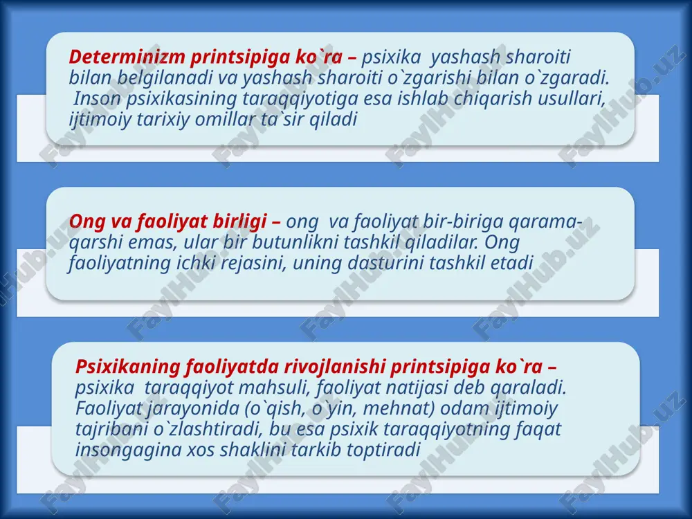 i aniqlaydi. modalar psixologiyasini tadqiq qiladi san'at asarlarining yaratilishida faoliyat-ning psixologik tomonlarini, inson tomonidan badiiy asarlarni idrok etilishi, turli hodisalarni paydo bo'lishi va estetik tarbiya muammolari, musiqaviy, badiiy, adabiy qobiliyatlarni shakllantirish va tarbiyalash muammolarini o'rganadi. 9 rivojlanishning yosh xususiyatlarini o'rganuvchi sohalar. a) yosh psixologiyasi - inson shaxsining psixologik xususiyatlari va bilish jarayonlarining ontogenezda rivojlanishini o'rganadi. yosh psixologiyasi bolalar psixologiyasi, o'smirlar psixologiyasi, kattalar psixologiyasi, gerontopsixologiya kabi tarmoqlarga bo'linadi. b) patopsixologiya- miya faoliyati buzilishlari natijasida kelib chiqadigan turli shakldagi ruhiy rivojlanishdan chetlanishni o'rganadi. 10 11 oligofre-nopsixologiya miyaning tug'ma kamchiliklari tufayli paydo bo'ladigan bo'limlarni o'rganadi. surdopsi-xologiya eshitish faoliyatida jiddiy nuqsonlari bo'lgan bolalarning rivojlanishini o'rganadi tiflopsi-xologiya ko'rish qobiliyati past yoki umuman ko'rmaydigan kishi faoliyatini o'rganadi inson va jamiyat o'rtasidagi munosabatlarning psixologik tomonlarini o'rganuvchi psixologiya sohalari ijtimoiy psixologiya differentsial psixologiya shaxs shakllanishining individual psixologik yo'naltirilganligi kabi xususiyatlarni o'rganadi uyushgan va uyushmagan ijtimoiy guruhlardagi shaxslararo o'zaro tasir jarayonida paydo bo'ladigan psixologik hodisalarni o'rganadi. 12 din psixologiyasi …