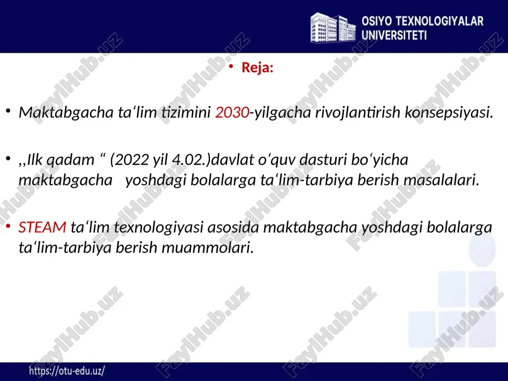 rlarini yaratishda majburiy tayanch hujjat hisoblanadi. o’quv-tarbiyaviy jarayonning maqsadi bolalarda umumiy asosiy kompetensiyalar va rivojlanish sohalari kompetensiyalarini shakllantirish uchun tegishli sharoitlar yaratishdan iboratdir. maktabgacha yoshdagi bolalarga ta‘lim berishda kompetensiyaviy yondashuv o’sib borayotgan bola shaxsini hayotga tayyorlash, unda hayotiy muhim masalalarni hal qilish uchun zarur bo’lgan, axloqiy me’yor va qadriyatlarni o’zlashtirish, boshqa insonlar bilan muloqot qilish, «men» obrazini qurish bilan bog’liq bo’lgan faoliyat usullarini shakllantirishga tayyorgarlikni ko’zda tutadi. boshlang’ich muhim kompetensiyalar bolaning faoliyat va axloq subyekti sifatidagi yaxlit rivojlanishini talab etadi. kompetensiya bolaning bilim, ko’nikma, malaka va qadriyatlari majmuidir. boshlang’ich kompetensiyalar, rivojlanish sohasidan qat‘i nazar, bola shaxsi shakllanishi uchun asos bo’lib xizmat qiladi. maktabgacha yoshdagi (6-7 yosh) bolaning umumiy muhim kompetensiyalari kommunikativ kompetensiya – muloqot vositalaridan turli vaziyatlarda foydalana bilish ko’nikmasi. o`yin kompetensiyasi – bolaning o’yin jarayoni va uni tashkil qilishda tajriba, bilim va ko’nikmalardan ijodiy foydalanishi. o’quv-tarbiyaviy jarayon uchun asos hisoblanadi. ijtimoiy kompetensiya – hayotiy vaziyatlarda kattalar va tengdoshlar bilan …