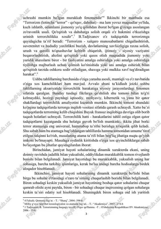 ti tariqasida terrorizmga berilgan ta’riflarga to‘xtalib o'tsak: “terrorizm siyosiy maqsadda amalga oshiriladigan, asoslangan zo'ravonlikdir ’ (b.kroze, buyuk britaniya); “terrorizm — siyosiy, mafkuraviy yoki sotsial - revolyusion maqsadlar hamda mtilishlarga erishish uchun hukumatlarni, aholi doiralarini muntazam qo'rqitib turish” (g.deniker, shveysariya); terrorizm - bu “qo‘rqitish, majburlash yoki cho'chitish vositasida siyosiy maqsadlarga erishish uchun zo'ravonlikni ishlatish bilan tahdid solish yoki uni ishga solish” (i.aleksandr. aqsh)1. tadqiqotchi r.falk esa terroizmga ikki xil ta’rif berib o'tadi: “siyosiy zo‘ravonlikning, uni kim - revolyusion guruhmi yoki hukumatmi - ishga solishidan qat’i nazar, monand ravishdagi axloqiy va yuridik vaj - karsoni bo'lmagan har qanday turidir”; “tanlab o‘tirmasdan yoki aybsiz shaxslarga qarshi zo'ravonlikni ishga soladigan siyosiy ekstremizm”. terrorizm doimiy ravishda terrorga asoslangan kuch ishlatishni qo‘llaydigan siyosat.[footnoteref:4] [4: https://ru.wikipedia.org/wiki/terrorizm] tushunchaga 0‘zbekiston respublikasi jinoyat kodeksining 155 - moddasida quyidagicha ta’rif berilgan: “terrorizm — xalqaro munosabatlarni murakkablashtirish, davlatning suverenitetini, hududiy yaxlitligini buzish, xavfsizligiga putur yetkazish, urush va qurolli mojarolar chiqarish, ijtimoiy-siyosiy vaziyatni …