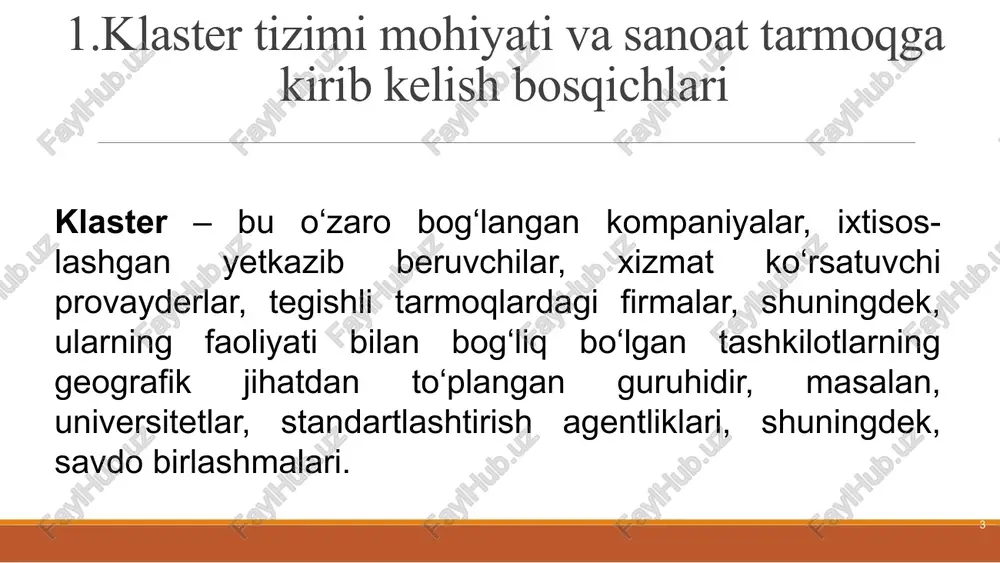 klasterlarning faoliyat ko‘rsatishini va ularni rivojlantirishni tashkil etish sohasidagi davlat siyosatini amalga oshiradi; -hududiy sanoat klasterlarning faoliyat ko‘rsatishini va ularni rivojlantirishni tashkil etish sohasidagi normativ-huquqiy hujjatlar loyihalarini ishlab chiqadi; -hududiy sanoat klasterlarning faoliyat ko‘rsatish samaradorligini baholash uslubiyotini ishlab chiqadi va tasdiqlaydi; -investitsiya loyihalarini amalga oshirishning har bir bosqichida investorlarning, hududiy sanoat klasterlar ishtirokchilarining hamda tegishli vazirliklar, davlat qo‘mitalari va idoralarning o‘zaro hamkorligini tashkil etadi; -investitsiya loyihalarini amalga oshirish bilan bog‘liq bo‘lgan, shu jumladan mavjud byurokratik to‘siqlarni olib tashlash bo‘yicha tashkiliy masalalarni hal etishga doir ishlarni tashkil etadi; -hududiy sanoat klasterlar hududida investitsiya loyihalarining ro‘yobga chiqarilish jarayoni monitoringini amalga oshiradi; -hududiy sanoat klasterlar direksiyasining va ishtirokchilarining faoliyati samaradorligini baholashdan o‘tkazadi; -hududiy sanoat klasterlarning faoliyat ko‘rsatishini va ularni rivojlantirishni tashkil etish masalalari bo‘yicha o‘zbekiston respublikasi prezidentining va o‘zbekiston respublikasi vazirlar mahkamasining qarorlari ijrosini tashkil etadi; -hududiy sanoat klasterlarning faoliyat ko‘rsatishini va ularni rivojlantirishni tashkil etish, shuningdek, hududiy sanoat klasterlar direksiyalarining hamda ma’muriy …