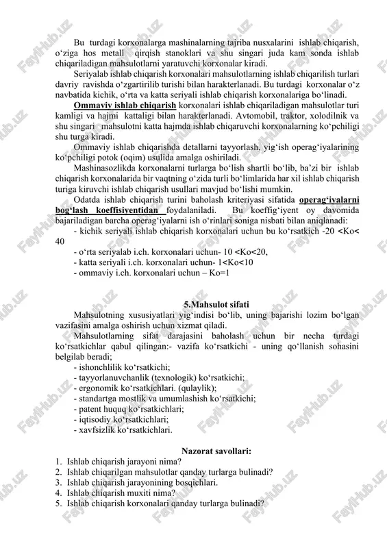 b chiqarish; - ommaviy ishlab chiqarish. donalab ishlab chiqarish korxonalari ko‘p turdagi mahsulotlarni kam miqdorda (oyiga yoki yiliga bir necha dona) ishlab chiqarishi bilan xarakterlanadi. bu turdagi korxonalarga mashinalarning tajriba nusxalarini ishlab chiqarish, o‘ziga hos metall qirqish stanoklari va shu singari juda kam sonda ishlab chiqariladigan mahsulotlarni yaratuvchi korxonalar kiradi. seriyalab ishlab chiqarish korxonalari mahsulotlarning ishlab chiqarilish turlari davriy ravishda o‘zgartirilib turishi bilan harakterlanadi. bu turdagi korxonalar o‘z navbatida kichik, o‘rta va katta seriyali ishlab chiqarish korxonalariga bo‘linadi. ommaviy ishlab chiqarish korxonalari ishlab chiqariladigan mahsulotlar turi kamligi va hajmi kattaligi bilan harakterlanadi. avtomobil, traktor, xolodilnik va shu singari mahsulotni katta hajmda ishlab chiqaruvchi korxonalarning ko‘pchiligi shu turga kiradi. ommaviy ishlab chiqarishda detallarni tayyorlash, yig‘ish operag‘iyalarining ko‘pchiligi potok (oqim) usulida amalga oshiriladi. mashinasozlikda korxonalarni turlarga bo‘lish shartli bo‘lib, ba’zi bir ishlab chiqarish korxonalarida bir vaqtning o‘zida turli bo‘limlarida har xil ishlab chiqarish turiga kiruvchi ishlab chiqarish usullari mavjud bo‘lishi mumkin. odatda …
