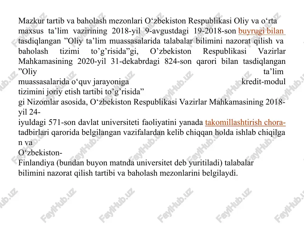 da yaxshi natijalar yoshlar tarbiyasiga ham ta’sir ko‘rsatadi, ularda ko‘tarinki ruh, o‘z kuchiga bo‘lgan ishonch va qiziqish paydo bo‘ladi. shuning uchun ham ta’lim natijalarini nazorat qilish va baholash ta’lim tizimining ajralmas qismidir. ana shu vazifalardan kelib chiqib o‘quvchilar o‘quv faoliyatini hisobga olishning bir qator shakl va metodlari asoslangan. og‘zaki ommaviy tekshirish -o‘quvchilardan og‘zaki so‘rash bo‘lib, ular guruhga qaratilgan savollarga javob beradilar. bunday tekshirishda javoblar qis-qa bo‘ladi. mazkur so‘rash ko‘pchilik o‘quvchilarni nazorat qilishni ta’minlaydi va butun guruhni faollashtiradi, ammo o‘quvchilarning nutqini o‘stirmaydi. bunday insonlar individual so‘rashda ko‘zga tashlanmaydi. ammo so‘rashning bu shaklida guruhdagi boshqa o‘quvchilarning to‘laqonli ishlashlariga erishish juda qiyin. nazorat va qayta topshirishlarni o‘tkazish muddatlari -joriy nazorat jadvallari modul rahbari tomonidan tuziladi, kafedra mudiri tomonidan tasdiqlanadi hamda tegishli semestr (qayta tayyorlash kursi) boshlanishidan oldin o‘quv-uslubiy bo‘limga taqdim qilinadi. -oraliq va yakuniy nazorat jadvallari o‘quv reja asosida o‘quv-uslubiy bo‘lim tomonidan tuziladi va direktorning o‘quv-tarbiyaviy ishlar bo‘yicha o‘rinbosari tomonidan tasdiqlanadi. -ta’lim oluvchi …