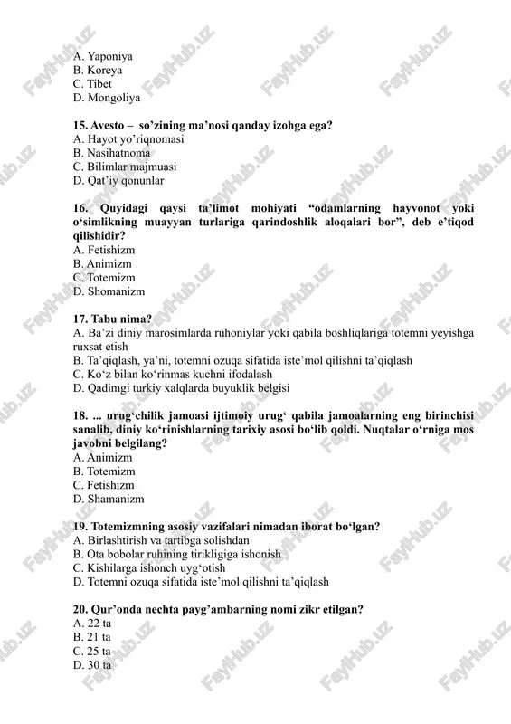 tianlik b. buddizm c. yahudiylik d. jaynizm 25. yahudiylarning ibodatxonasi nima deb ataladi? a. sinagoga b. masjid c. cherkov d. koliso