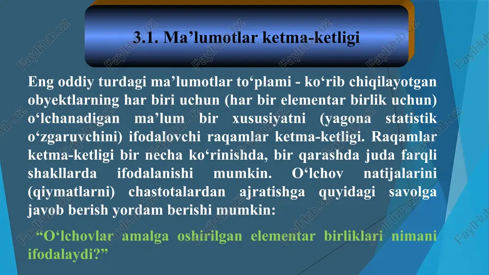 ari 3.2.1- jadvalda “a” ipoteka kompaniyalari tomonidan 30 yil davomida taqdim etilgan ko‘chmas mulk bilan ta’minlangan kreditlarning qat’iy foiz stavkasi miqdorini keltirilgan. gistogrammaning ikkita chizig‘ining chegaralari o‘rtasida aniq bo‘lgan barcha ma’lumotlar qiymatlarini o‘ngdagi satrga yo‘naltirish odatiy holdir. 3.2.1- jadval ko‘chmas mulk bilan ta’minlangan kredit foiz stavkalari 11 12 bu holatda, gorizontal o‘qda 7,1 va 7,2 oralig‘idagi ustunlar, stavkalari chap qiymatga (7,1%) teng yoki undan katta bo‘lgan, lekin to‘g‘ri qiymatdan (7,2%) past bo‘lgan barcha kompaniyalarni o‘z ichiga oladi. 7,2% taklif qiladigan korxona 7,2 ning o‘ng tomonidagi keyingi satrga kiradi. quyida gistogramlarni talqin qilishning umumiy yondashuvini tasvirlab beramiz va ayni paytda ushbu grafikning foiz stavkalari haqida bizga nima deyilganini bilib olamiz. rasmning pastki qismidagi gorizontal o‘qdagi raqamlar foiz stavkalari foizda ifodalangan qiymatlarni ko‘rsatadi. vertikal o‘qdagi raqamlar har bir foiz stavkasining uchrash chastotasini ko‘rsatadi. misol uchun, oxiridan oldingi ustun (7,1% va 7,2% ga teng bo‘lgan foiz stavkalari o‘rtasida gorizontal ravishda joylashgan) 2ga teng …