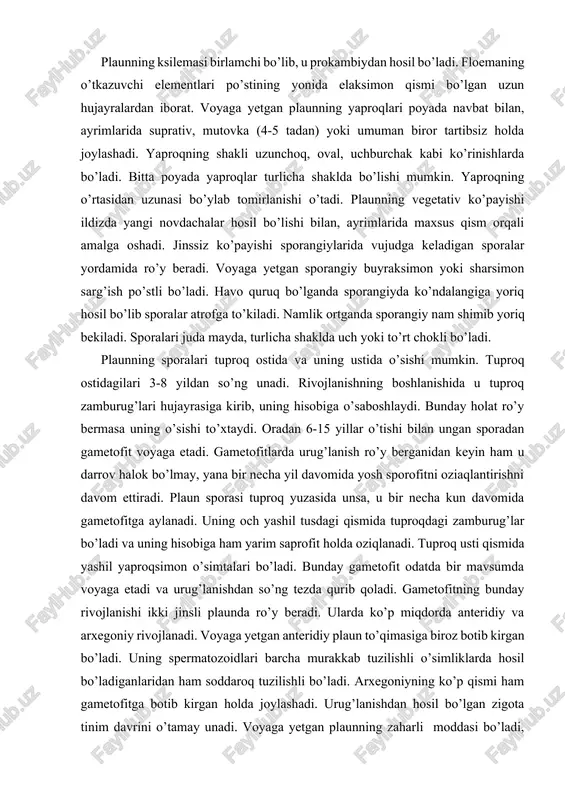 bir necha xona ajraladi. plaunning ksilemasi birlamchi bo’lib, u prokambiydan hosil bo’ladi. floemaning o’tkazuvchi elementlari po’stining yonida elaksimon qismi bo’lgan uzun hujayralardan iborat. voyaga yetgan plaunning yaproqlari poyada navbat bilan, ayrimlarida suprativ, mutovka (4-5 tadan) yoki umuman biror tartibsiz holda joylashadi. yaproqning shakli uzunchoq, oval, uchburchak kabi ko’rinishlarda bo’ladi. bitta poyada yaproqlar turlicha shaklda bo’lishi mumkin. yaproqning o’rtasidan uzunasi bo’ylab tomirlanishi o’tadi. plaunning vegetativ ko’payishi ildizda yangi novdachalar hosil bo’lishi bilan, ayrimlarida maxsus qism orqali amalga oshadi. jinssiz ko’payishi sporangiylarida vujudga keladigan sporalar yordamida ro’y beradi. voyaga yetgan sporangiy buyraksimon yoki sharsimon sarg’ish po’stli bo’ladi. havo quruq bo’lganda sporangiyda ko’ndalangiga yoriq hosil bo’lib sporalar atrofga to’kiladi. namlik ortganda sporangiy nam shimib yoriq bekiladi. sporalari juda mayda, turlicha shaklda uch yoki to’rt chokli bo’ladi. plaunning sporalari tuproq ostida va uning ustida o’sishi mumkin. tuproq ostidagilari 3-8 yildan so’ng unadi. rivojlanishning boshlanishida u tuproq zamburug’lari hujayrasiga kirib, uning hisobiga o’saboshlaydi. bunday holat …