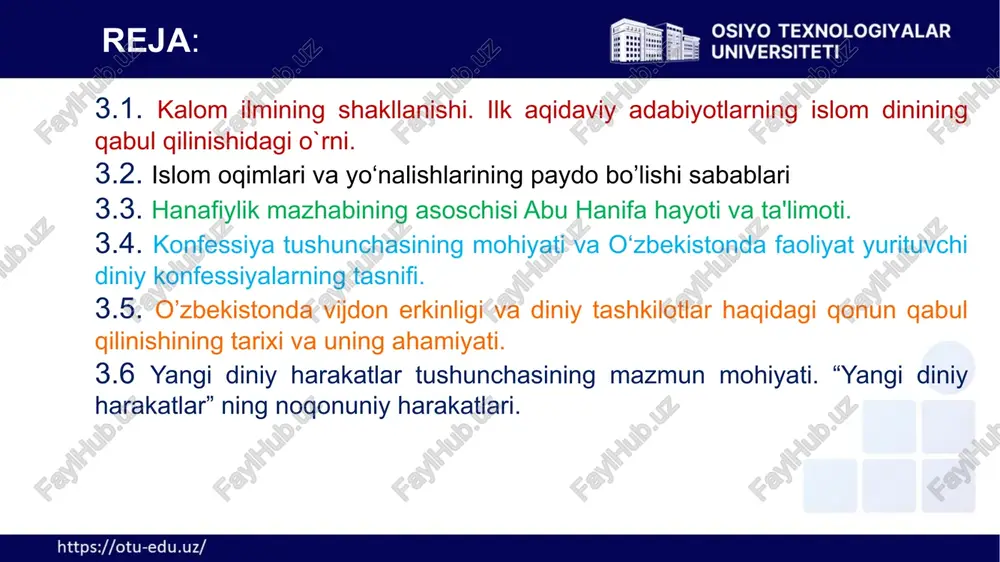 tashkil etadi. 3.2. islom oqimlari va yo‘nalishlarining paydo bo’lishi sabablari hanafiylik – diniy-huquq mazhablaridan biri. abu hanifa nu’mon ibn sobit (q. imomi aʼzam) asos solgan. hanafiylik qoidalari abu yusuf yoqub (795-yil), muhammad ash-shayboniy (804-yil), quduriy (1036-yil) va boshqa asarlarida ishlab chiqilgan. bu mazhab tarafdorlari fiqhning 4 asosiy manbaini eʼtirof etish bilan birga boshqa mazhablar vakillariga nisbatan fiqh talablariga rioya etishning qiyos va ijtihod usullaridan kengroq foydalanadi. 3.2. islom oqimlari va yo‘nalishlarining paydo bo’lishi sabablari hanafiylik 11-asrdan boshlab shimol va sharqqa keng yoyilgan. kichik osiyo, bolqon, shim. kavkaz, qora dengiz, volga boʻylari, oʻrta osiyo mamlakatlari, afgʻoniston, hindiston va xitoyning olis hududlariga tarqalgan. hozirgi davrda dunyo musulmonlarining qariyb yarmi, shu jumladan, yurtimiz musulmonlari hanafiylik mazhabiga amal qilgan holda musulmonchilik qonun-qoidalarini bajarib kelmoqda 3.2. islom oqimlari va yo‘nalishlarining paydo bo’lishi sabablari foizlarga qarasak, yer yuzidagi jami 1.7 mlrd. musulmon olamining 92.5%ni sunniylar, 3.2%ni shialar, 1%ni xorijiylar tashkil etadi. 3.2. islom oqimlari va yo‘nalishlarining …