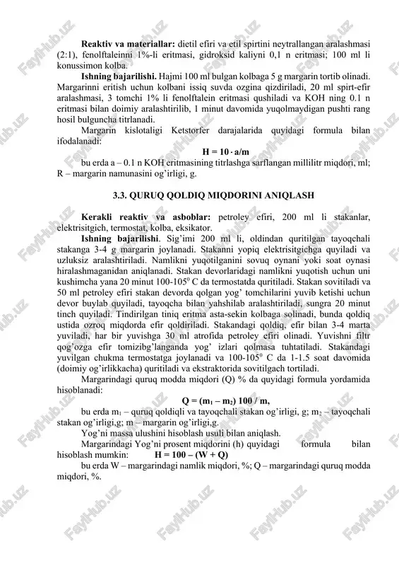 ish (arbitraj usuli); elektrplitada quritish (tezlashtirilgan usul). operativ nazorat uchun kupincha ikkinchi usuldan foydalaniladi. usul prinsipi. usul margarin namunasini 160-180oc haroratda quritishga asoslangan. reaktiv va asboblar: soat oynasi, qizdirilgan qum, tarozi, elektrisitgich, shisha tayoqcha, diametri 40-50 mm va balandligi 40-60 mm bulgan metall byuks. ishning bajarilish. quritilgan, shisha tayoqchali metall byuksga 10-15g qizdirilgan qum, 5-6 g margarin tehnik tarozida tortib olinadi va elektrplitada 160-180os haroratda shisha tayoqcha bilan uzluksiz aralashtirib turib qizdiriladi. chirsillash tugagach, byuksni yuzi soat oynasi bilan yopiladi. quritish jarayonini tugaganini soat oynasi hiralashmasligidan va margarin rangini tuq qizil rangga kirishidan bilinadi. buning uchun soat oynasini har zamonda olib yuzasi (sirti) tekshiriladi. namlikni haydagach, byuks plitkadan olinadi, sovitiladi va tortiladi. namlikni massa ulushi (h) quyidagi formula bilan hisoblanadi: h= (m1-m2)100/m, bu erda m1- margarinli byuksning quritguncha bulgan og’irligi, g; m2 – margarinli byuksning quritgandan keyingi og’irligi,g;m – namunani og’irligi,g. parallel aniqlashdagi farq 0,2%dan kup bulmasligi kerak. 3.2. kislotaligini …