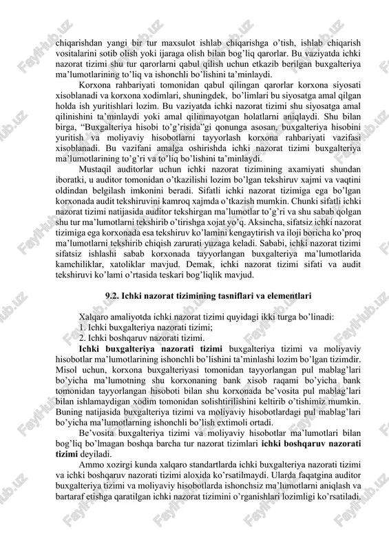 tur korxonalarda samarali ichki nazorat tizimini tashkil etmay turib samarali boshqaruvni yuritishning imkoni yo’q. sababi rahbariyat korxona faoliyatining xar bir sohasi bo’yicha o’z vaqtida ishonchli va to’liq ma’lumotga ega bo’la olmaydi. buning natijasida korporatsiya rahbariyatning noto’g’ri qaror qabul qilishi sabab bankrotlikka uchrasa, bu holat millionlab investorlar, bank muassasalari va umuman milliy iqtisodiyot uchun katta zarar olib kelishi mumkin. xx asr oxiri va xxi asr boshida texnologiya yangiliklarining keng ko’lamda ishlab chiqarish jarayoniga tadbiq etilishi va buning natijasida ishlab chiqarish jarayonining murakkablashishi, yirik korxonalarda minglab xodimlar ish yuritishi kabi xodisalar korxona rahbariyati uchun korxona faoliyati ustidan be’vosita nazorat olib borishni, korxona faoliyati natijalari va moliyaviy holatini shaxsan tahlil qilishni imkonsiz qilib qo’ydi. natijada rahbariyat boshqaruv va nazorat qarorlarini qabul qilish uchun korxonada tayyorlangan buxgalteriya va statistika ma’lumotlariga tayanishga majbur bo’lib qoldi. bu ma’lumotlar korxonaning joriy faoliyati natijalari va istiqboli yuzasidan ma’lumotlarni aks ettiradi. bu ma’lumotlar asosida rahbariyat korxona faoliyatini tartibga solish, …