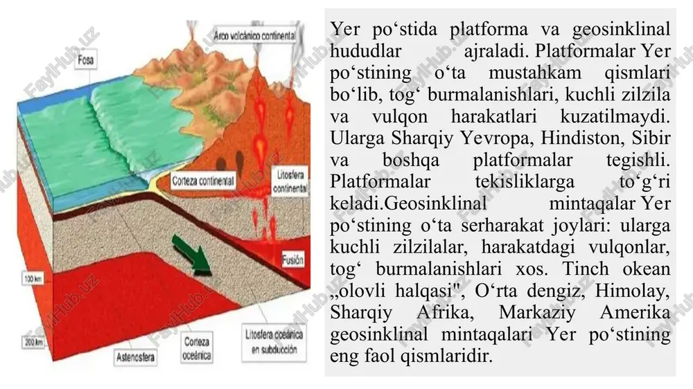 shakllaridir. yer yuzasidagi barcha relyef shakllari ichki va tashqi kuchlarning hosilasidir. asosiy relyef shakllariga tog‘ va tekisliklar misol bo‘ladi. tog‘lar quruqlikning 40 % ini, tekisliklar esa 60 % ini egallaydi. relef haqida relef (frants, relef, lot. relevo - ko'taraman) - er yuzasi, okean va dengiz tubidagi tashqi ko'rinishi, o'lchamlari, kelib chiqishi, yoshi va rivojlanish tarixiga ko'ra turli-tuman notekisliklardir. bularga (tog', tekislik, pasttekislik, adir, yassitog', tepalik, qir, vodiy, botiq, soylik, jarlar va boshqa pastbalandliklar kiradi) relef turlari katta xududlar qiyofasini belgilaydigan tekislik, plato, tog' tizimlari kabi relefning yirik shakllari tushiniladi. bu relefning kelib chiqishi asosan tektonik xodisalar bilan bog'liq tepalik, chuqurlik, vodiy terassa va ularning elementlari,yassi uchastkalar, har xil tepalikdagi qiyaliklar kiradi. bu relefning vujudga kelishida asosn ekzogen geologik jarayonlar bilan bog'liq unchalik katta bo'lmagan va nisbiy balandligi 1 m atrofidagi relefning mayda shakllari makrorelef mezorelef mikrorelef tekislikning yuzasi dengiz sathidan balandligi 200 m gacha bo'lsa - pasttekislik, 200 m dan …