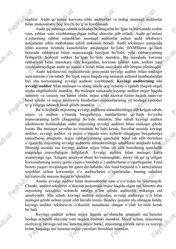 tirish jarayoni mijozda audit tekshiruvini o’tkazishga qaror qilingan davrdan to auditorlik xulosasini berishgacha bo’lgan davar mobaynida davom etadi. audit sohasi yuqori raqobatli tarmoq. bu tarmoqda ko’plab firmalar faoliyat yuritadilar va ular o’rtasida yangi mijozni jalb etish uchun katta raqobat mavjud. ammo xar qanday auditorlik firmasining asosiy mexnat mahsuli, uning moliyaviy axborotlar yuzasidan ishonchni ta’minlay olishi xisoblanadi. auditorlik firmasi firibgarlik yoki boshqa turdagi qonunbuzarlik bilan shug’ullanuvchi mijoz bilan xech qanday munosabat qilmasligi lozim. chunki, mijoz-korxonaning qonunbuzarlik xarakatiga nisbatan jinoiy ish qo’zg’atilganda, auditorlik firmasi xam sudda javobgar sifatida qatnashishi lozim bo’lishi mumkin. buning oldini olish maqsadida, yangi mijozni qabul qilishdan oldin, auditorlik firmasi shu mijozni xar taraflama batafsil o’rganib chiqishi kerak. bunda korxonaning moliyaviy tarixi, korxona rahbariyati va aktsiyadorlari xaqida ma’lumot to’planishi lozim. sababi, yomon yoki yomonlashib borayotgan moliyaviy holatga ega mijoz o’z aktiv va daromadlarini noqonuniy tarzda oshirib, majburiyat va xarajatlarini esa kamaytirib ko’rsatishga xarakat qilishi mumkin. rivojlangan davlatlarda mustaqil auditor …