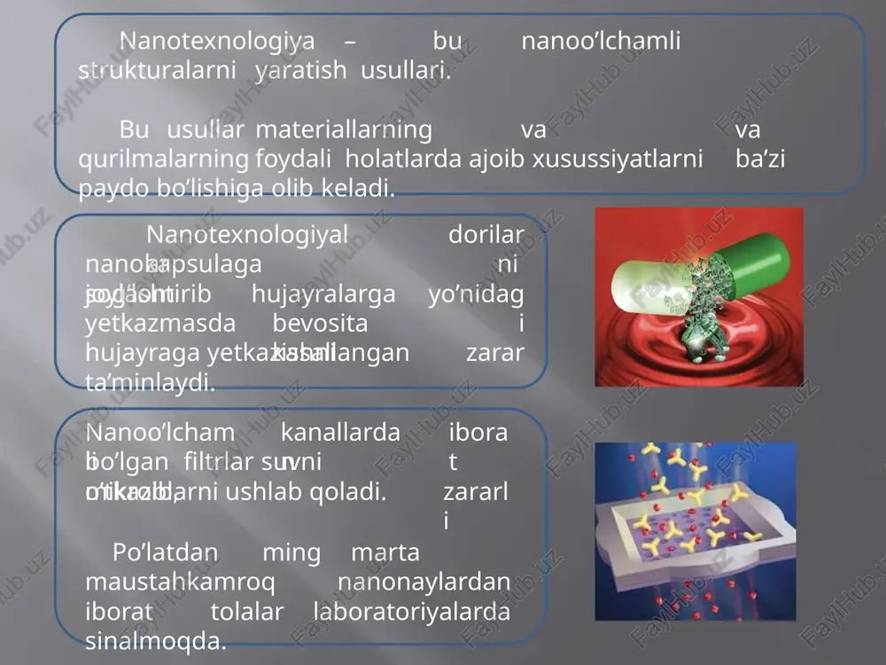 shab darz ketib yorilmaydi. metallar plastmassaga o’xshab qoladi masalan oltin va kumushning o’lchamlari katta bo’lgan namunalari inert bo’lganda atomlarini kichik guruhlari (ular klasterlar deb nomlanadi) ajoyib kataluzator vazifasini o’tadi kumushning nanozarrachalari antibakterial xossalarga ega va ular yaralarni bog’lash materiali sifatida ishlatiladi. 3. nanomateriallar nanomateriallar – nanozarrachalar yoki nanotexnologiyalar yordamida yaratilgan va o’lchamlari juda kichikligi hisobiga i ajoib xusussiyatlarga ega bo’lgan materiallar. nanomateriallarga hech bo’lmasa bitta o’lchami 1 dan 100 nm oralikda yotgan materiallar tegishli. nanotexnologiyalar bo’yicha 7-chi xalqaro konferentsiyada (wisbaden, 2004) quyidagi nanomateriallar turlari ajratilgan: nanog’ovakli tuzilmzlar; nanozarrachalar; nanonaylar va nanotolalar; nanodispersiyalar; nanotuzilmali sirtlar; nanokristall va nanoklasterlar. agar birorta moddaning hajmi bitta, ikkita yoki uchta koordinata nanomasshtabgacha bo’ylab kichrayib yangi bo’lsa, bu xossalari paydo jismlarni nanomateriallarga va ularni olish texnologiyalarni nanotexnologoyalarga tegishli deb hisoblash kerak. asosiy nanomateriallar nilufar guli asosida yaratilgan yuzalar fulleren uglerodli nanonaylar grafen grafit. olmos 4. fullerenlar va uglerodli nanonaylar 1985 yilda robert kerl, garold kroto va …