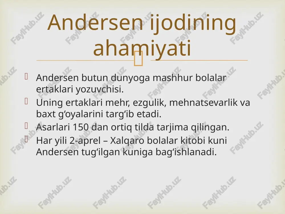 ersen ertaklari bolalarda mehr, sabr, ezgulik va mehnatsevarlik tuyg‘ularini uyg‘otadi. “dyumchaxon” – inson qalbining pokligi va haqiqiy baxtni topish haqidagi sehrli hikoya. xulosa  dyumchaxon gul yaprog‘ida o‘tirgan holatda 🌷 qurbaqa va suv nilufarlari 🐸 bahor qushi dyumchaxon bilan uchayotgani 🕊 gullar diyoridagi manzara 🌺 tavsiya etiladigan rasmlar  /docprops/thumbnail.jpeg