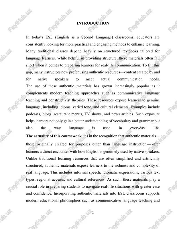 objectives of the research include: to define and classify the various types of authentic materials applicable to esl education; to investigate the benefits of using such materials in improving learners’ communicative and cultural competence; to examine how authentic resources impact learner motivation and classroom interaction; to analyze the potential challenges in using these materials and to propose practical solutions; the object of the study is to evaluate the pedagogical value of authentic materials and assess their influence on learners’ overall language development, particularly in terms of fluency, cultural literacy, and learner autonomy. from a practical standpoint, this research is of considerable importance. by moving beyond textbook language and engaging with real-world content, students are better equipped to function effectively in diverse linguistic and cultural environments. the use of authentic materials helps bridge the gap between academic learning and real-life communication, enabling learners to become more confident, flexible, and independent users …