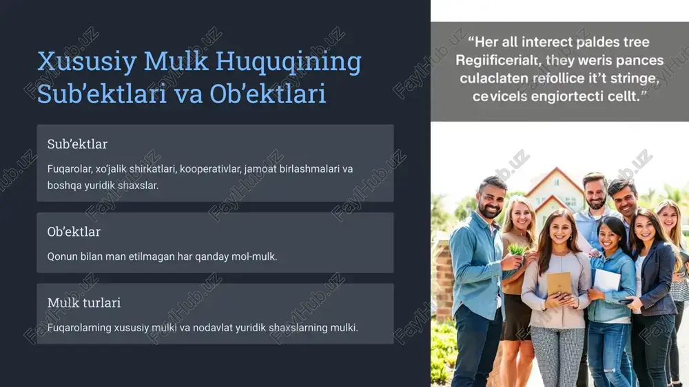 yuritish yoki operativ boshqarish huquqi asosida biriktirib qo‘yilishi mumkin. respublika mulki ob’ektlari qonunchilikda belgilab qo‘yilgan tartibda va shartlar asosida xususiy mulk qilib berilishi mumkin. 13 munitsipal mulk ob’yektlari 1 davlat hokimiyati mahalliy organlarining mol-mulki 2 mahalliy byudjet mablag‘lari 3 munitsipal uy-joy fondi 4 kommunal xo‘jalik, korxonalar va boshqa mulkiy komplekslar 5 xalq ta’limi, madaniyat, sog‘liqni saqlash muassasalari 14 munitsipal mulk agar qonunchilikda boshqacha tartib nazarda tutilgan bo‘lmasa, davlat hokimiyati mahalliy organlari yoki ular vakil qilgan organlar tasarruf etadilar munitsipal mol-mulk davlat yuridik shaxslariga xo‘jalik yuritish yoki operativ boshqarish huquqi asosida biriktirib qo‘yilishi mumkin. munitsipal mulki ob’ektlari qonunchilikda belgilab qo‘yilgan tartibda va shartlar asosida xususiy mulk qilib berilishi mumkin. 15 davlat mulki manbalari 1 soliqlar va majburiy toʻlovlar davlat byudjetini toʻldirishning asosiy manbai. 2 ishlab chiqarishdan olingan daromadlar davlat korxonalarining faoliyati natijasida olingan daromadlar. 3 grantlar va kreditlar xalqaro tashkilotlar va boshqa davlatlardan olingan mablagʻlar. 4 davlat mulkini xususiylashtirishdan olingan mablagʻlar …