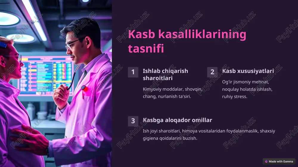 shchilarning xavfsizligi va sog'lig'i uchun sharoitlarni yaxshilash. 2 himoya vositalarini taqdim etish ishchilarga zararli omillardan himoya qilish uchun zarur vositalarni taqdim etish. 3 kasb kasalliklari haqida ma'lumot berish ishchilarni kasb kasalliklari haqida ogohlantirish va ularning oldini olish usullarini o'rgatish. 4 tibbiy nazoratni kuchaytirish ishchilarning sog'lig'ini muntazam ravishda tekshirish va kerakli hollarda tibbiy yordam ko'rsatish. * xulosa