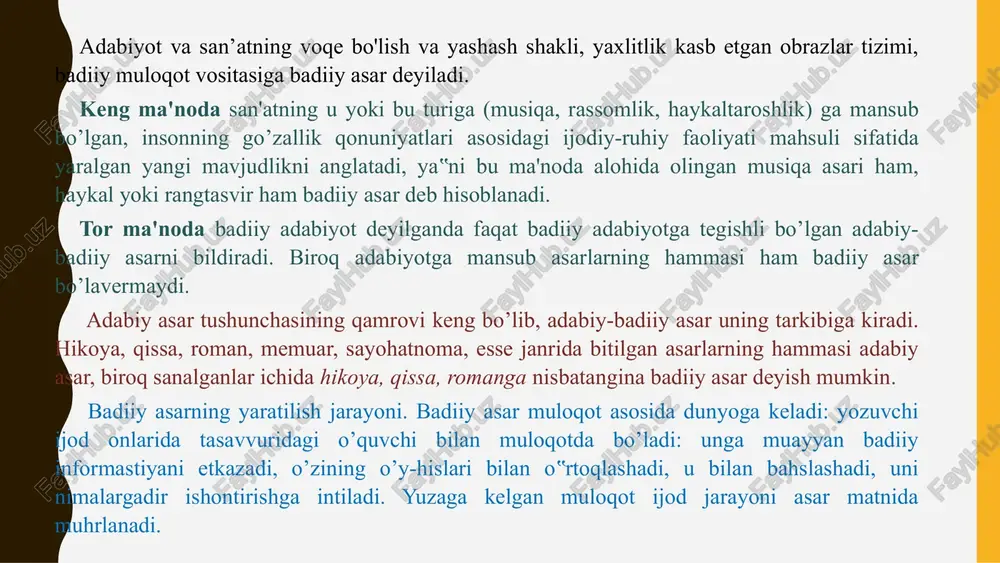 i: “oy bolta”, “oy – arshi a’loning faromush farishtalari yopmay ketgan tuynugi”, “erk – eng jafokash so‘z”, “oy – po‘stlari archilib, zanglab qolgan olma”, “qarsak – shohning mulozimi, saroyda yashar”, “odamni qamab qo‘ysa bo‘lar bemalol, surgun qilsa bo‘lur hattoki o‘ziga”, “mening esa kissamda umr, bir martaga berilgan oylik”, “ilon – dunyodagi eng kichik, uzunligi bir quloch daryo...” badiiy asar tuzilishi. badiiy asar o’ziga xos yaxlitlik asosida tuziladi. kompozitsiya, syujet va obrazlar tizimi badiiy asarni yaxlitligini ta`minlovchi qismlardir. epik asarlar tuzilishi . epik asarlar tuzilish asosi mazmunni yuzaga chiqaradi. asar bo’laklarining o’zaro joylashuvi uning tarkibini tashkil etadi. epik asarlar manzara, epizod, bob, qism, bo’lim, tom (jild)lardan tuziladi. buning natijasida janr ko’rinishlari vujudga keladi: roman- dilogiya, roman-trilogiya kabi. lirik asarlar tuzilishi. lirik asarlar bandlardan tashkil topadi. bandlar o’zaro muvofiqlikda ruhiy holat ifodasiga xizmat qiladi. shu qatorda bandlar, qismlar lirik asar janrini belgilashga xizmat qiladi. mumtoz adabiyotdagi musammatlar bunga misol bo‟la oladi. lirik …