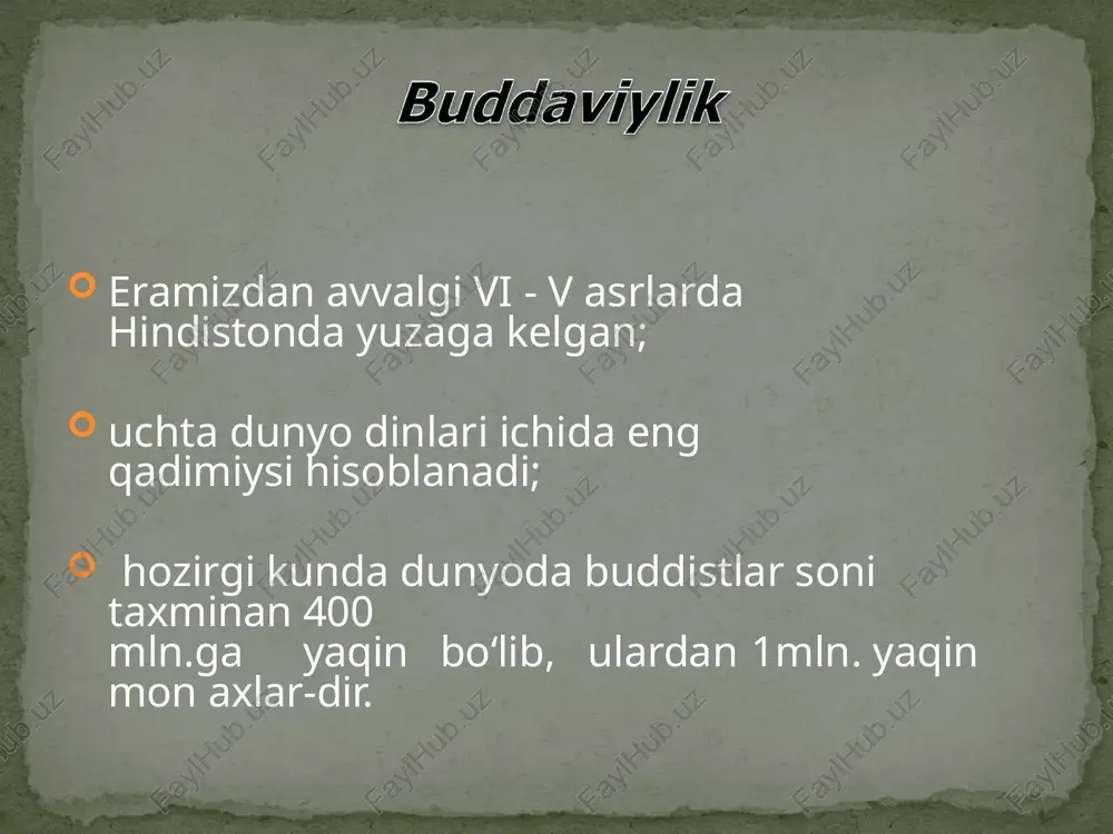 kirib borgan. tripitaka (yoki tipitaka) - uch savat ma'nosini anglatadi. u uch qismdan iborat bo‘lganligi uchun shunday nom bilan atalgan. ular: sutta-pitaka - budda targ‘ibotining haqiqiy bayoni hisoblangan sutra matnlari; vinaya-pitaka -rahboniylik ahloqi va xonaqohlar nizomlariga bag‘ishlangan vinaya matnlari; abxidxarma-pitaka -buddaviylikning falsafiy va psixologik muammolarini bayon qilib berishga bag‘ishlangan abxidxarma matnlaridan iborat. buddaviylik manbalari e'tiboringiz uchun rahmat! image3.jpeg image4.png image5.png image6.png image7.jpg image8.png image9.jpg image10.jpg