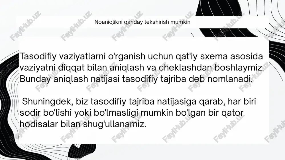 ni o'rganishda uchta turli hodisalarni ko'rib chiqish mumkin. birinchi xodisa: past daromad - $10 000 dan $24 999 gacha; ikkinchi xodisa: o’rtacha daromad - $25 000 dan $44 999 gacha; uchinchi xodisa: yetarli daromad - $20 000 va yuqori daromad $36 500 ga teng bo’lsa, birinchi voqea sodir bo'lmaydi, qolgan ikkitasi esa sodir bo'ladi. shunday qilib, bu oila "o'rtacha daromad" va "yetarli daromad darajasi"ga ega, ammo "kam daromad darajasi" emas. voqeani sodir bo’lish ehtimolligi qanday bo'lishi mumkin? har safar tasodifiy eksperiment o'tkazilganda, bir voqea sodir bo'ladi yoki bo'lmaydi. bu hali ko'p narsa haqida gapirmaydi. muayyan hodisaning qanchalik ishonchli ekanligini bilishni istaymiz. bu ehtimollik voqea ehtimoli deb ataladigan raqam bilan tavsiflanadi. quyida ushbu kontseptsiyaning ta'rifini beramiz, ehtimollikni tavsiflovchi raqamlar qayerdan kelib chiqqanligini va tasodifiy eksperimentning ko’p marta takrorlanishi bilan ma'lum bir hodisani paydo bo'lishining taxminiy sonini qanday aniqlanishini ko'rsatamiz. har bir voqea o'z ehtimoliga ega har bir voqea 0 dan 1 …