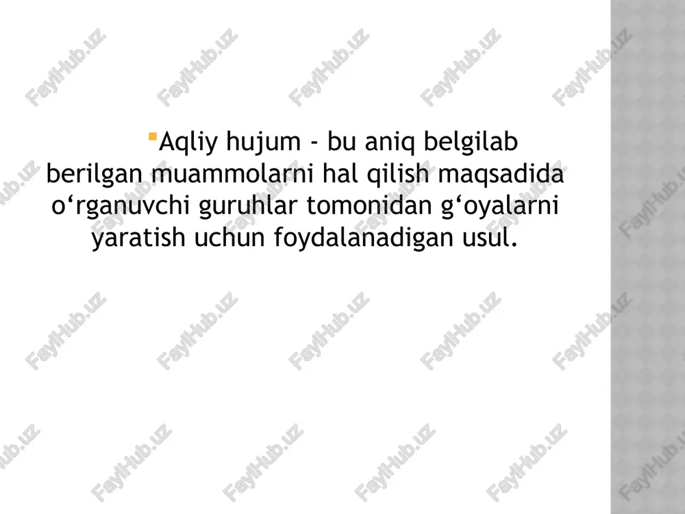 vertlar uchun osonroq, taraqqiyotni qayd etish ancha oson o‘z-o‘zidan paydo bo‘lish uchun kam joy, g‘oyalarning tartibsiz oqimi, texnik to‘siqlar katta guruhlar, uyatchan ishtirokchilar bilan guruhlar, xalqaro guruhlar miya yozishi vaqt yoki makondan mustaqil ravishda, ixtiyoriy ravishda maxfiylik, introvertlar uchun osonroq, taraqqiyotni qayd etish ancha oson, uzoq muddatli loyihalar uchun ham mos keladi o‘z-o‘zidan paydo bo‘lish uchun kamroq joy, g‘oyalarning tartibsiz oqimi, g‘oyalar bir-biriga hech qanday aloqasi yo‘q, bir kishiga bir nechta javob berish mumkin o‘rta va katta guruhlar, uyatchan ishtirokchilar bilan guruhlar, xalqaro guruhlar miya yurishi vaqtdan mustaqil, ixtiyoriy noma’lumlik, introvertlar uchun osonroq, taraqqiyotni qayd etish ancha oson, shuningdek uzoq muddatli loyihalar uchun mos keladi, g‘oyalar bir-biri bilan munosabatda bo‘lishi mumkin, turli xil fikrlar portfeli, ish kunida osonlikcha birlashtiriladi (diagrammalar, eskizlar) joyga bog‘liq, o‘z-o‘zidan paydo bo‘ladigan joy kam, g‘oyalarning tartibsiz oqimi, uzoq loyiha muddati, nisbatan yuqori rejalashtirish xarajatlari, yuqori moddiy xarajatlar o‘rta va katta guruhlar, uyatchan ishtirokchilar bilan guruhlar, xalqaro …