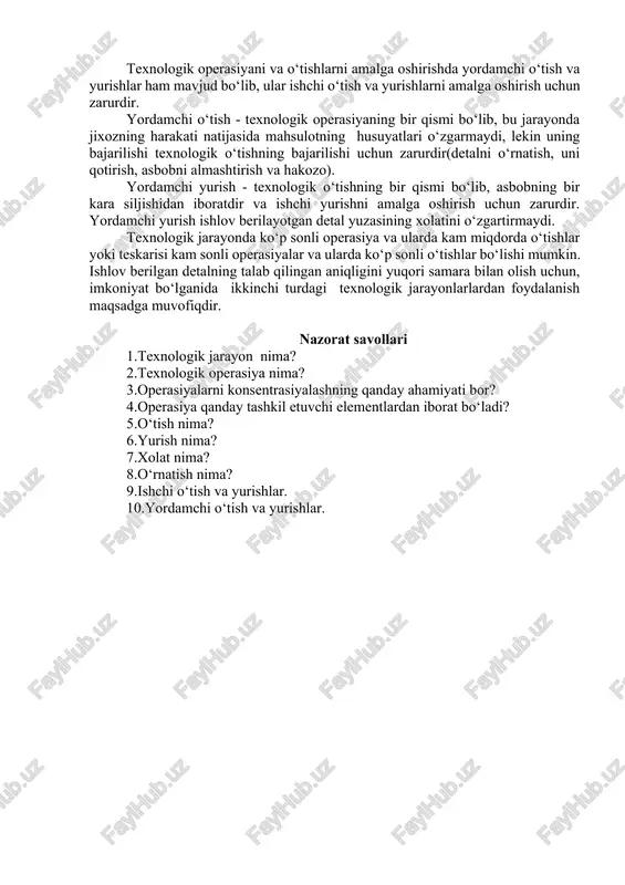 ohda detalning ikki tomoniga ishlov berish, har biri bittadan o‘rnatishdan tashkil topgan ikki operasiyadan iboratdir. holat - ishlov berilayotgan detalning, u berkitilgan moslama bilan birga jihozning qo‘zg‘almas qismiga nisbatan o‘zgarmas joylashishidir. misol tariqasida, olti shpindelli yarim avtomat tokar dastgohida ishlov berishni ko‘rsatish mumkin. bu operasiyada oltita holat bo‘lib, bir holatdan ikkinchi holatga o‘tish uchun detal 600ga siljiydi. demak, bu dastgohda bajariladigan ishlar olti holatdan(pozisiya) tashkil topgan bo‘ladi. texnologik jarayonda o‘rnatishlar qancha kam bo‘lib, holatlar ko‘p bo‘lsa shunchalik ishlov berish aniqligi va unumdorligi yuqori bo‘ladi. texnologik o‘tish - texnologik operasiyaning tugal qismi bo‘lib, bitta texnologik asbob va vosita yordamida bir o‘rnatishda doimiy texnologik tartibda(rejim) bajariladi. ko‘rsatilgan shartlarning birortasi o‘zgarishi, yangi o‘tishni keltirib chiqaradi. masalan, aniq teshik olishda, unga birinchi parma, kiyin zenkerda va razvertkada ishlov beriladi, shu sababdan , bu operasiya uch o‘tishdan iborat deb hisoblanadi. chunki har bir asbob bilan ishlov berilganida yangi yuza hosil bo‘lib, u o‘z g‘adir – …