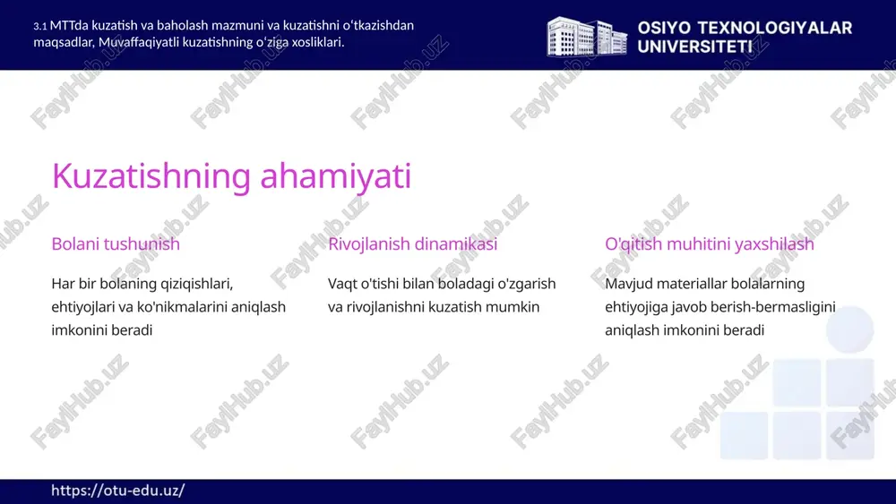 bermaslik kerak 3.1 mttda kuzatish va baholash mazmuni va kuzatishni o‘tkazishdan maqsadlar, muvaffaqiyatli kuzatishning o‘ziga xosliklari. 7 kuzatish mezonlari yosh xususiyatlari 6-7 yoshli bolaning ruhiy-jismoniy rivojlanishiga oid bilimlar asosida kuzatish olib borish xolislik pedagogning shaxsiy fikri va his-tuyg'ularidan xoli bo'lgan kuzatish aniqlik bola tomonidan shaxsan bajarilgan ish yoki aytilgan gapnigina qayd etish to'liqlik imkon qadar ko'proq ma'lumot to'plash, ular sodda va tushunarli bo'lishi kerak 3.1 mttda kuzatish va baholash mazmuni va kuzatishni o‘tkazishdan maqsadlar, muvaffaqiyatli kuzatishning o‘ziga xosliklari. 8 rivojlanish xaritasi maqsad 6 yoshdan 7 yoshgacha bo'lgan davrda bolaning rivojlanishini kuzatib borish chastota har bir bola uchun yiliga kamida uch marta to'ldiriladi mazmuni bolaning barcha rivojlanish sohalaridagi yutuqlarini qayd etish 3.2 bolalarni boshlang‘ich ta’limga majburiy bir yillik tayyorlash bo‘yicha guruhlardagi 6-7 yoshli bolalarning o‘qitish samaradorligini va rivojlanishi taraqqiyotining baholanishini o‘tkazish muddatlari. 9 3.2 bolalarni boshlang‘ich ta’limga majburiy bir yillik tayyorlash bo‘yicha guruhlardagi 6-7 yoshli bolalarning o‘qitish samaradorligini va rivojlanishi taraqqiyotining …